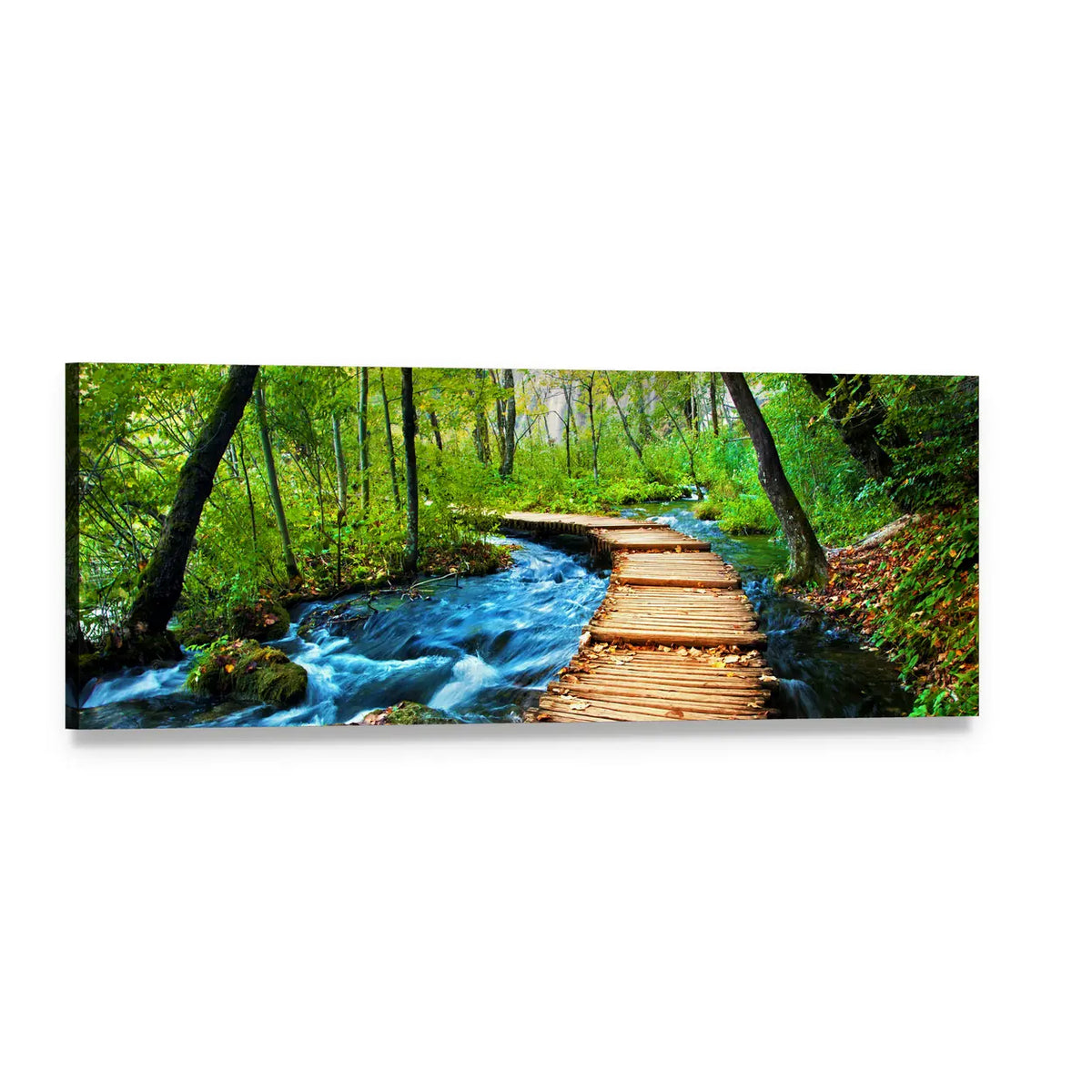 Deep Forest Stream with Wooden Walkway Panoramic Canvas Wall Art, single panel gallery wrapped canvas, angled product view