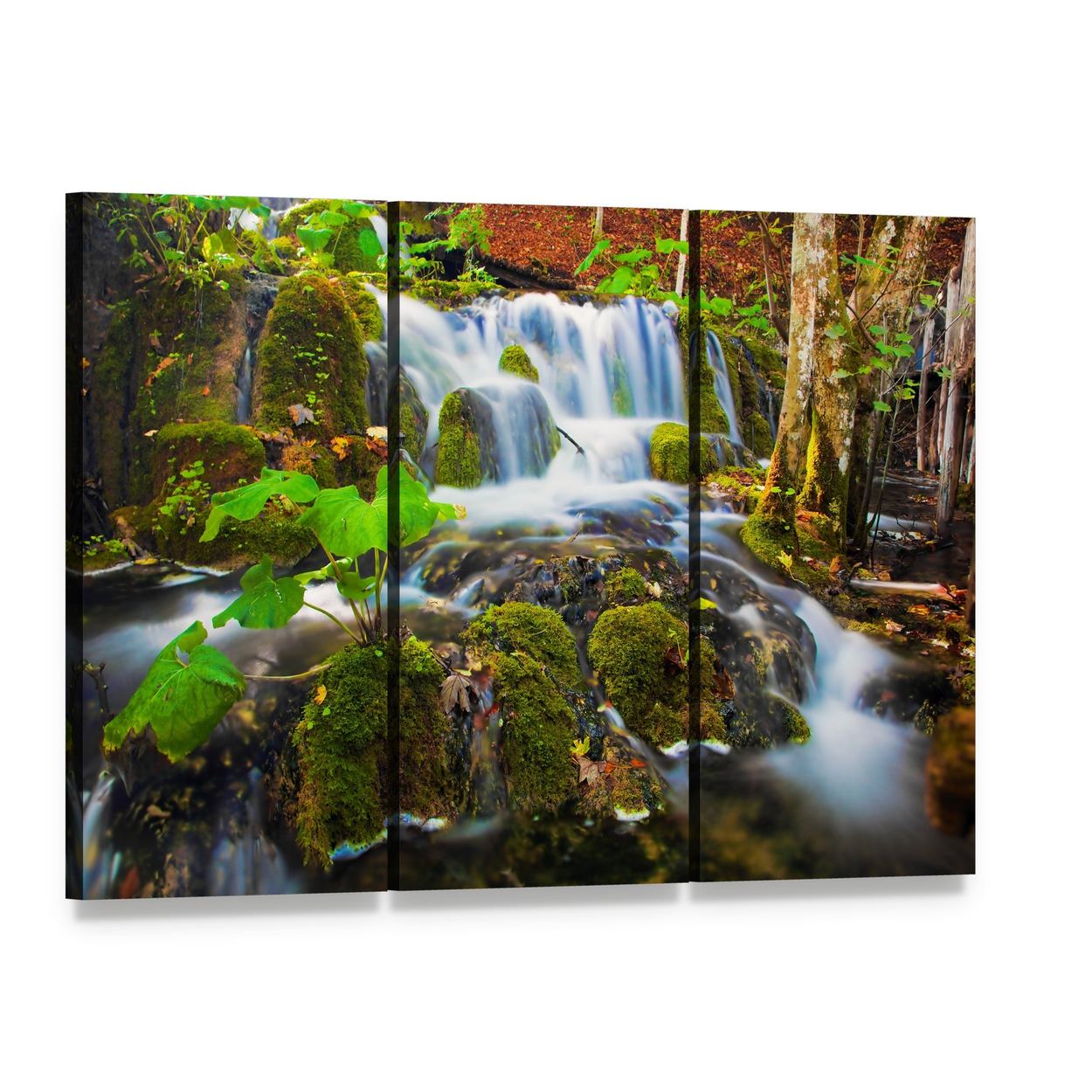 Tranquil Waterfall in Green Forest Canvas Wall Art, 3 panel 3 Horizontal layout gallery wrapped canvas set, angled product view