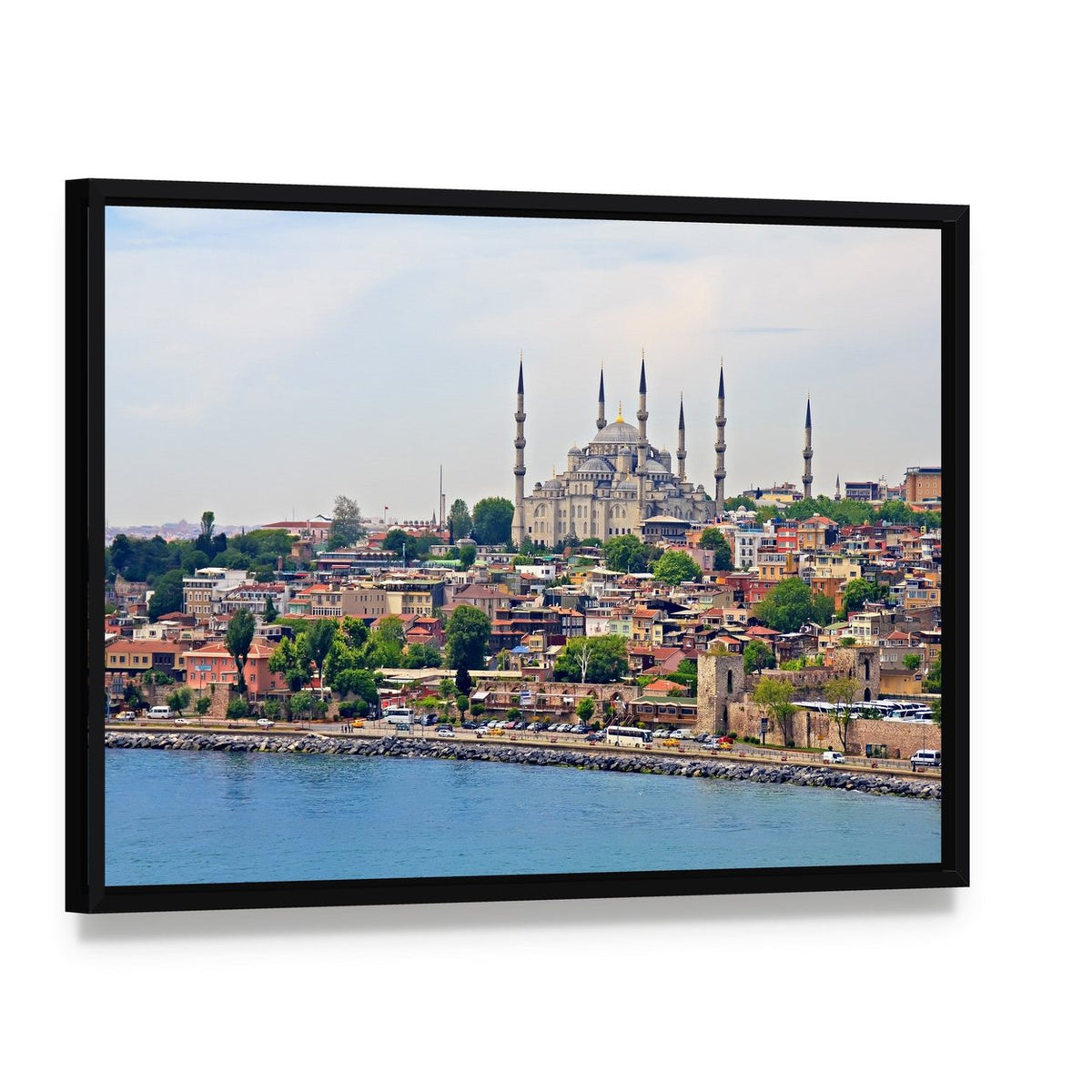 Blue Mosque Istanbul Canvas Wall Art, framed canvas in a black floater frame, angled product view