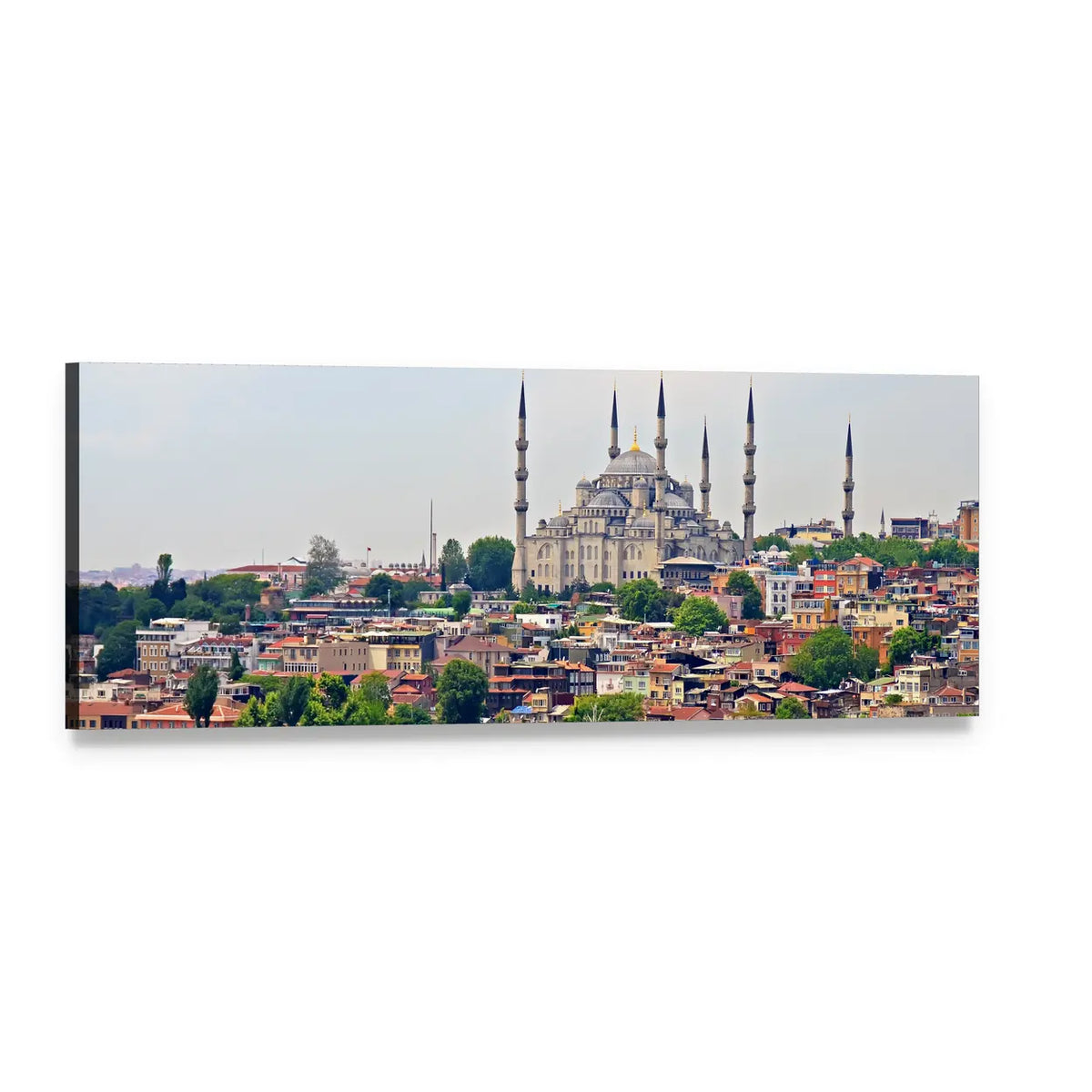 Blue Mosque Istanbul Skyline Panoramic Canvas Wall Art, single panel gallery wrapped canvas, angled product view