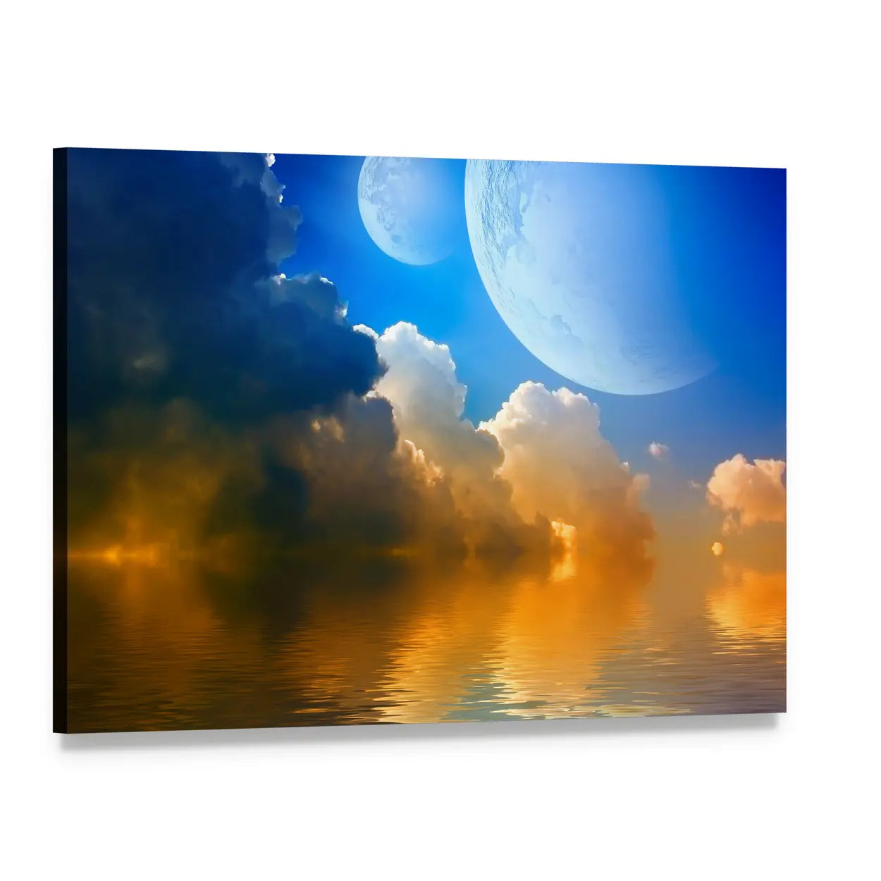 Two Moons and Glowing Clouds Canvas Wall Art, single panel gallery wrapped canvas, angled product view