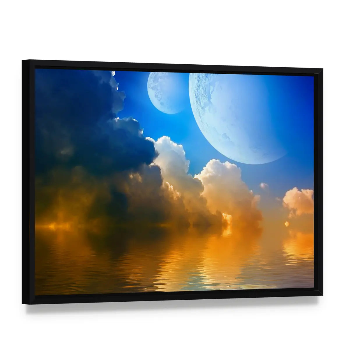 Two Moons and Glowing Clouds Canvas Wall Art, framed canvas in a black floater frame, angled product view