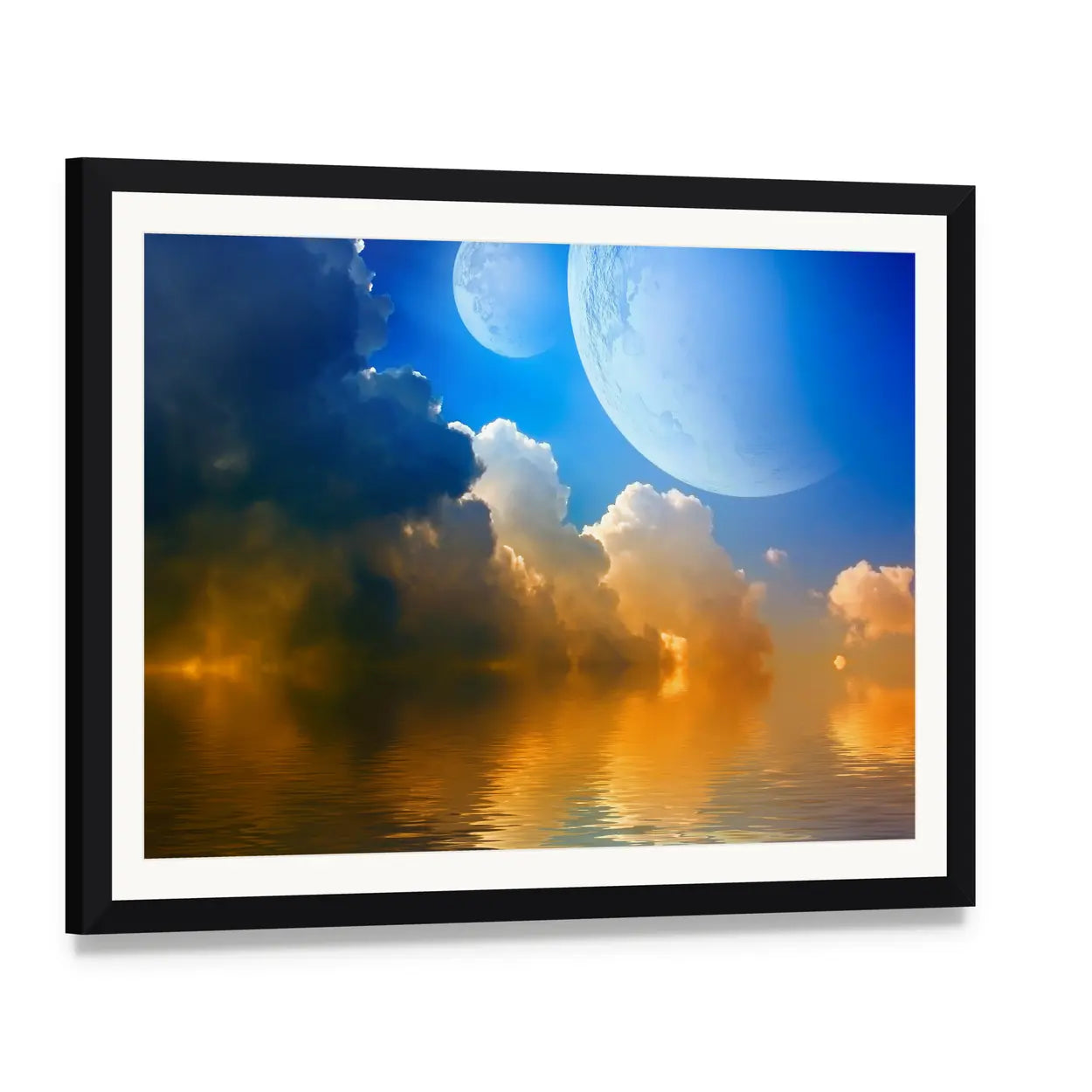 Two Moons and Glowing Clouds Canvas Wall Art, framed print with white mat and black frame, angled product view