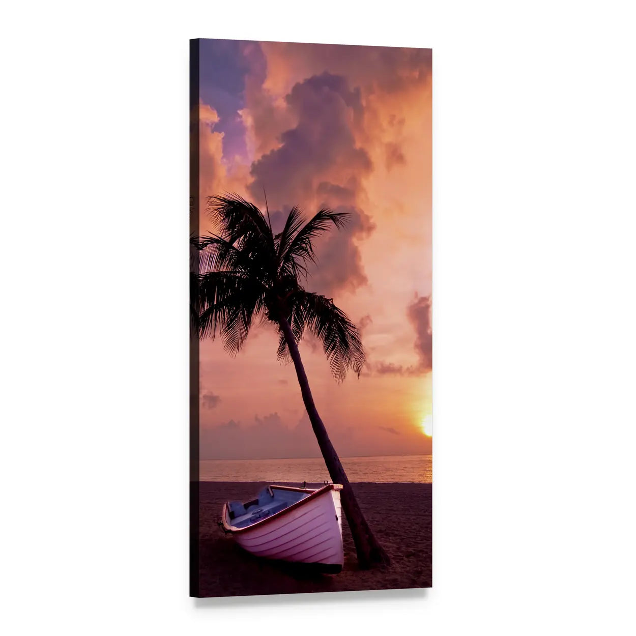 Rowboat and Palm Tree at Sunset Vertical Canvas Wall Art, 1 panel 1 Vertical layout gallery wrapped canvas set, angled product view