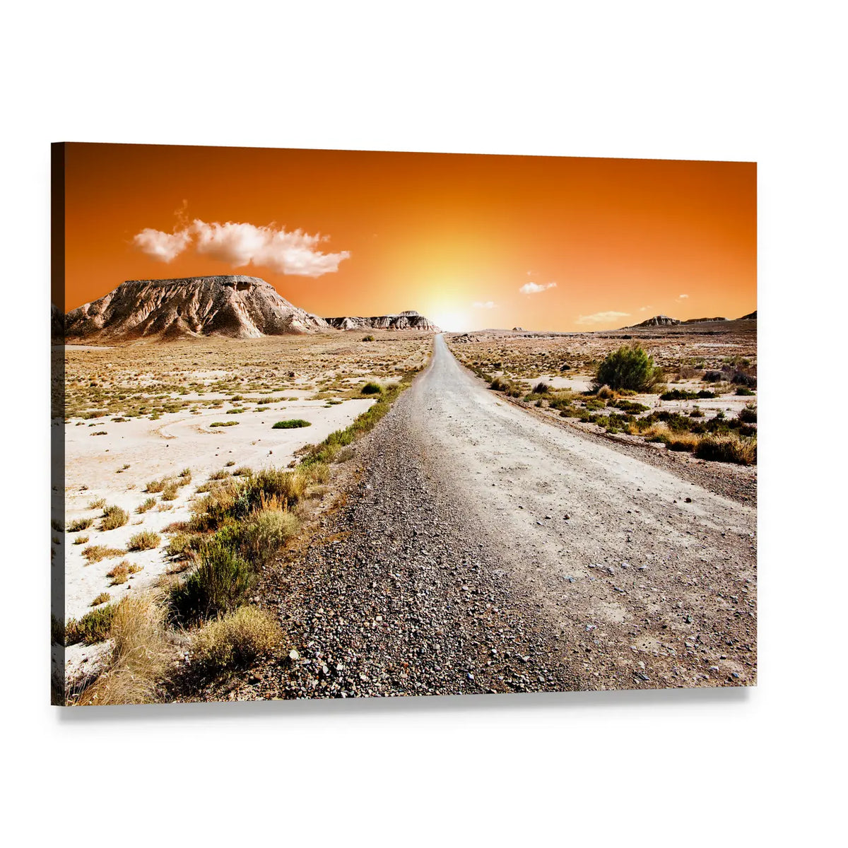Sunset Desert Road Landscape Canvas Wall Art, single panel gallery wrapped canvas, angled product view