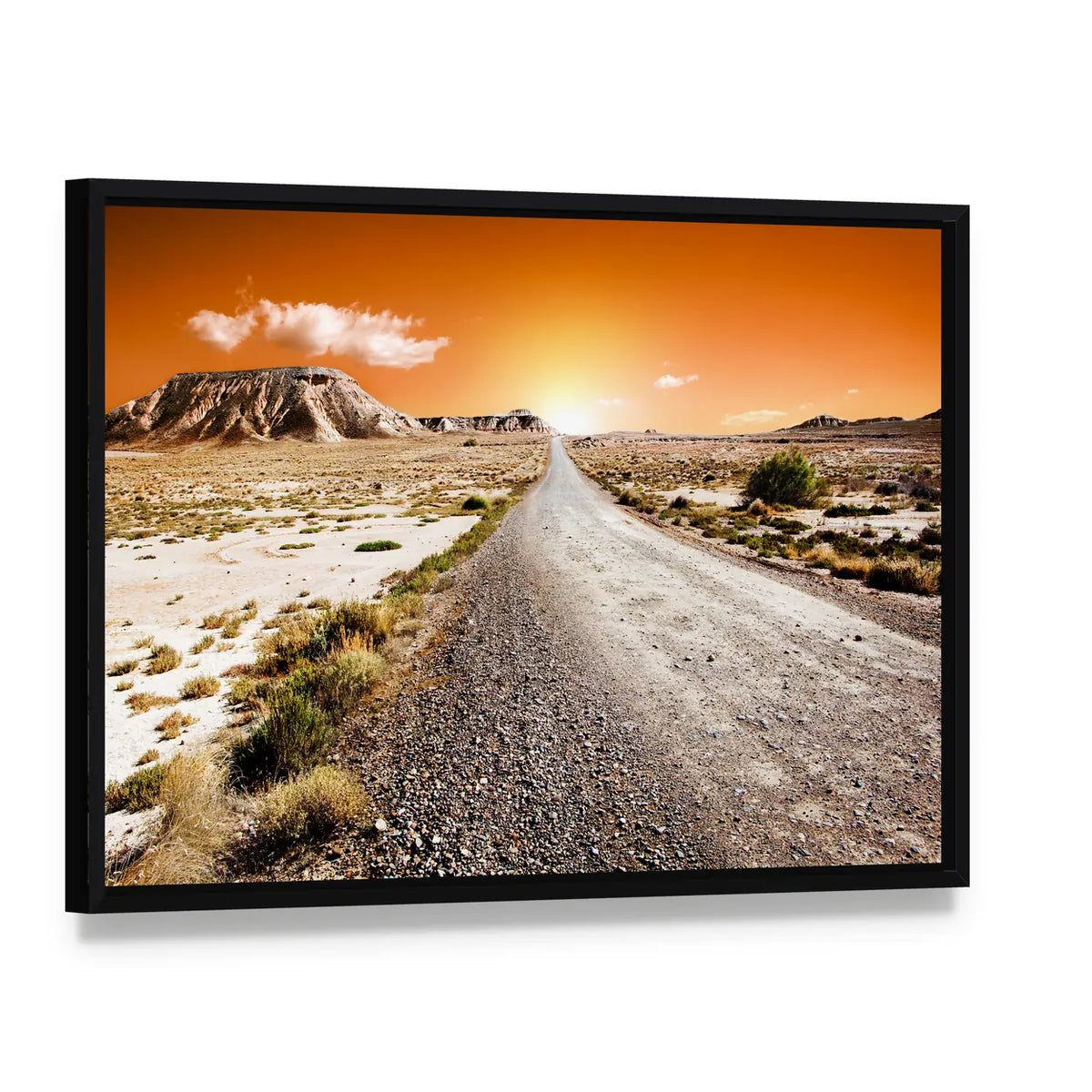 Sunset Desert Road Landscape Canvas Wall Art, framed canvas in a black floater frame, angled product view