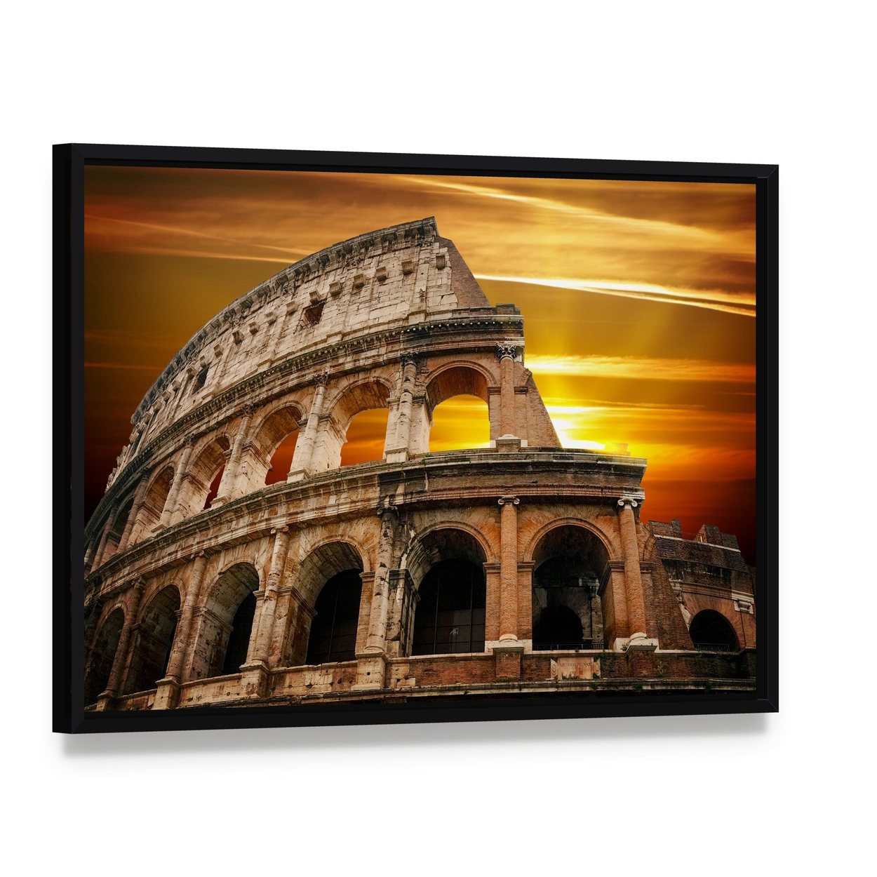 Colosseum at Sunrise Canvas Wall Art, framed canvas in a black floater frame, angled product view