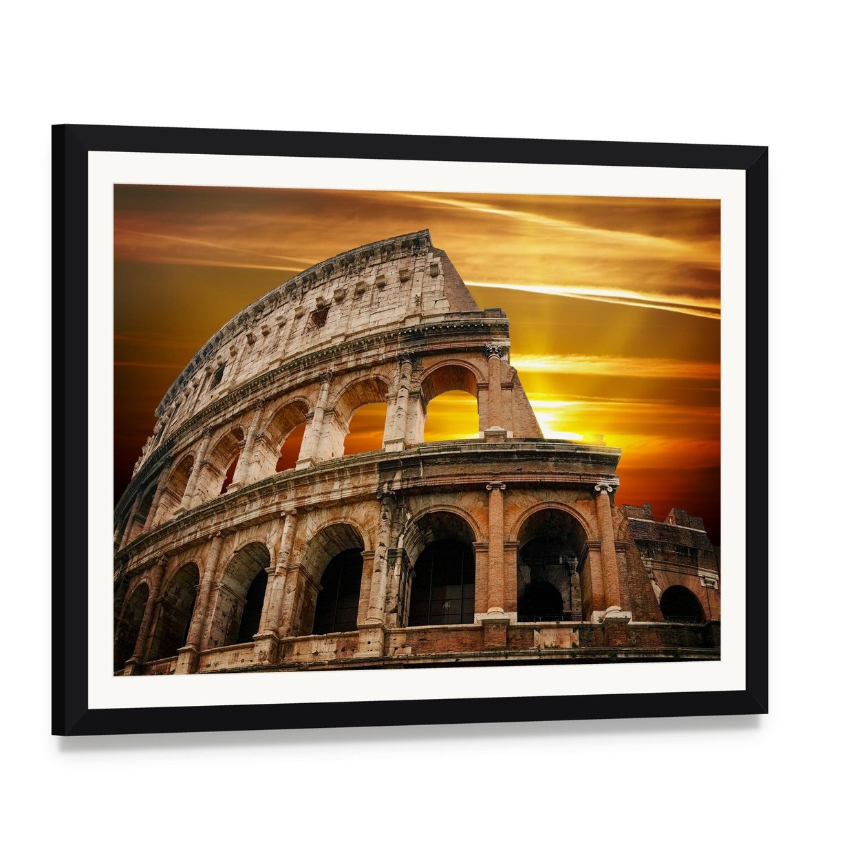 Colosseum at Sunrise Canvas Wall Art, framed print with white mat and black frame, angled product view