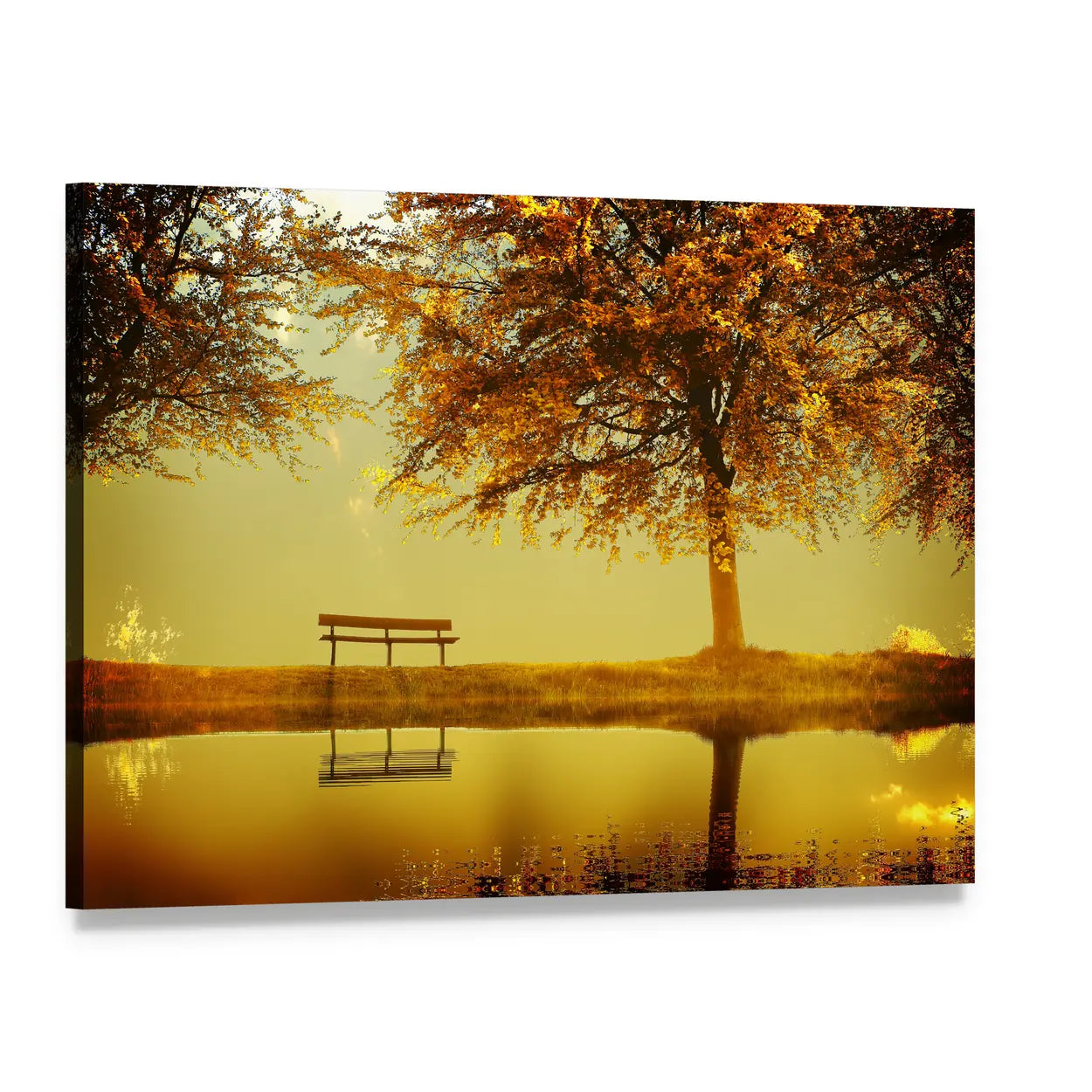 Solitary Bench in Autumn Park Canvas Wall Art, single panel gallery wrapped canvas, angled product view