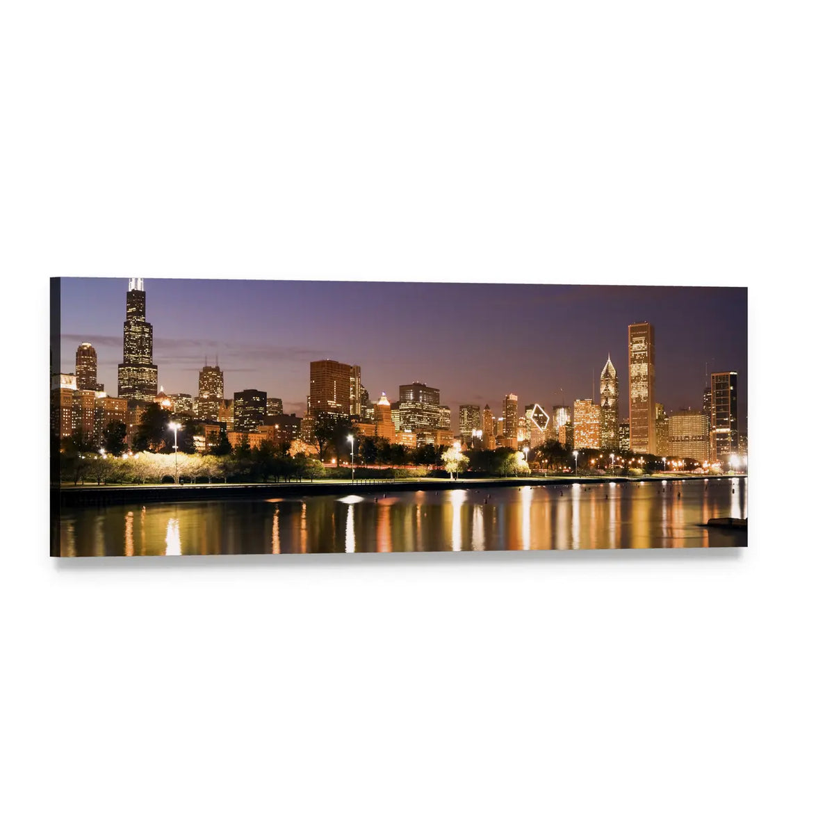 Chicago Skyline Over Lake Michigan Panoramic Canvas Wall Art, single panel gallery wrapped canvas, angled product view