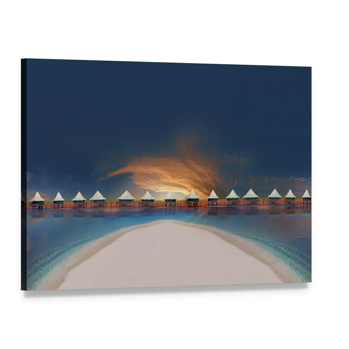 Overwater Bungalows at Sunset Canvas Wall Art, single panel gallery wrapped canvas, angled product view
