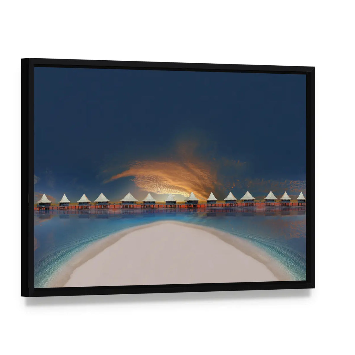 Overwater Bungalows at Sunset Canvas Wall Art, framed canvas in a black floater frame, angled product view