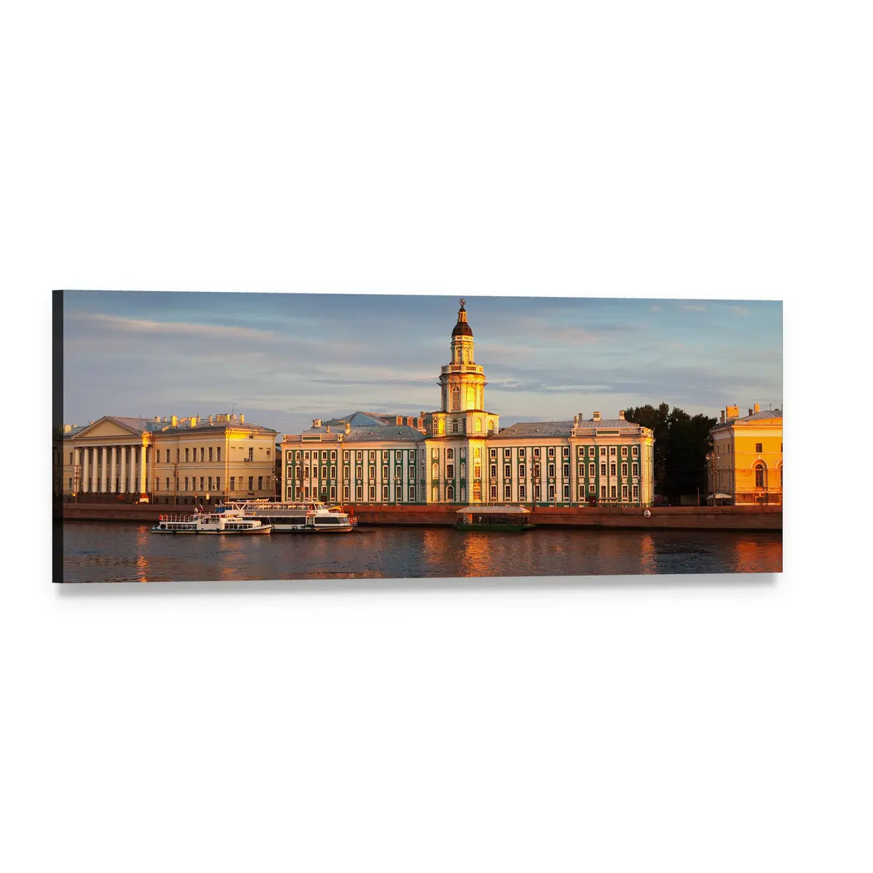 Vasilyevsky Island Golden Hour Waterfront Panoramic Canvas Wall Art, single panel gallery wrapped canvas, angled product view