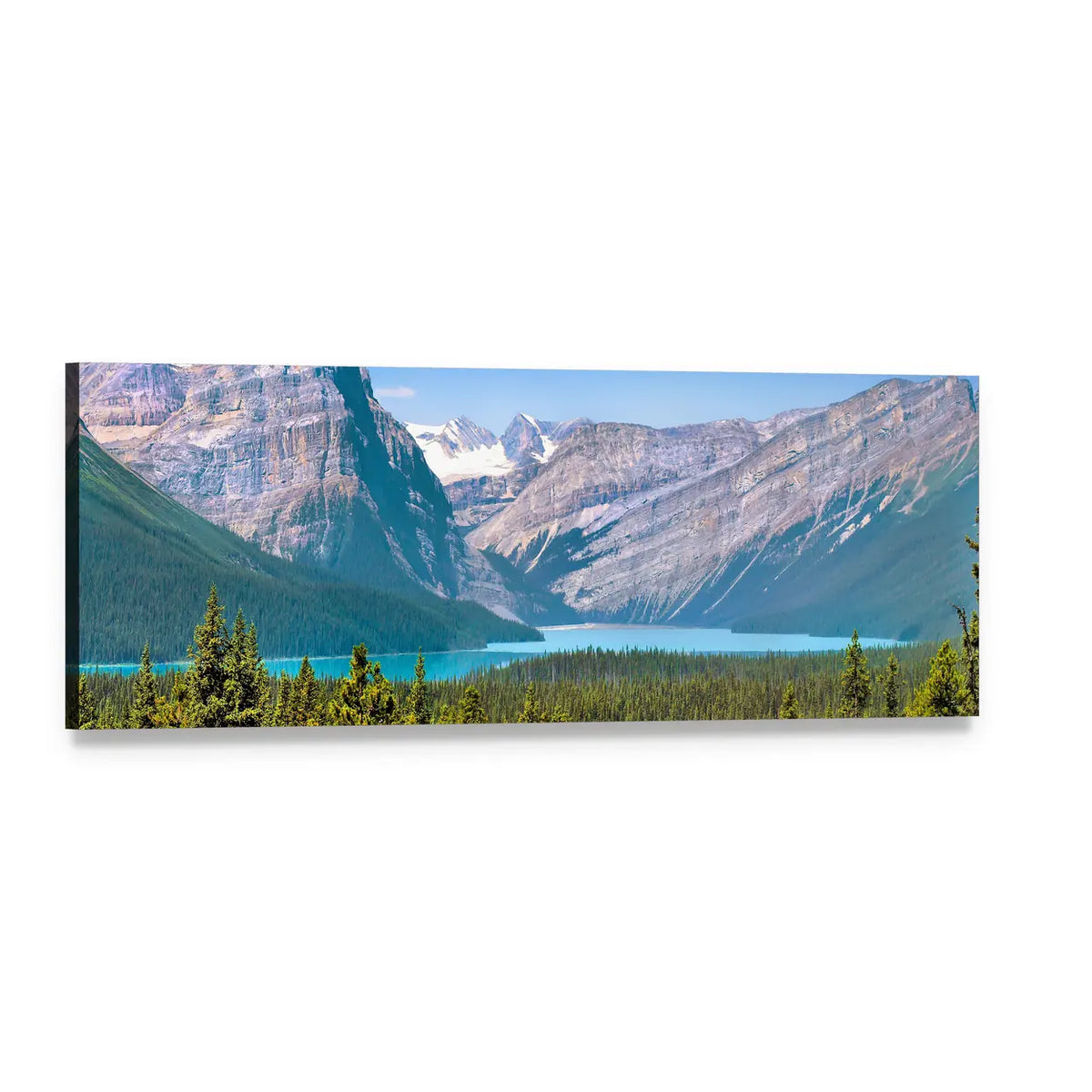 Canadian Mountains and Glacial Lake Panoramic Canvas Wall Art, single panel gallery wrapped canvas, angled product view