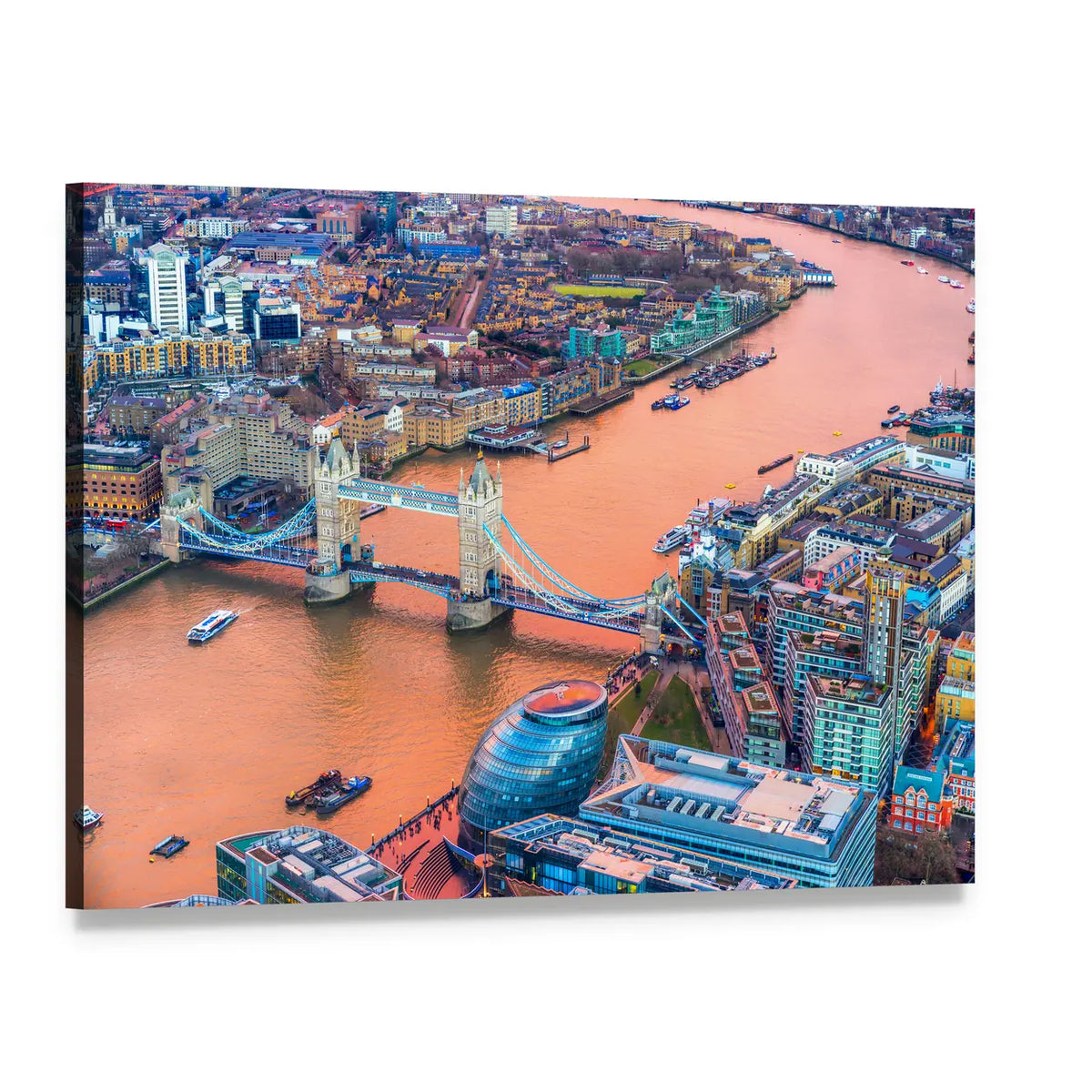 Tower Bridge And Thames River In London Canvas Wall Art, single panel gallery wrapped canvas, angled product view