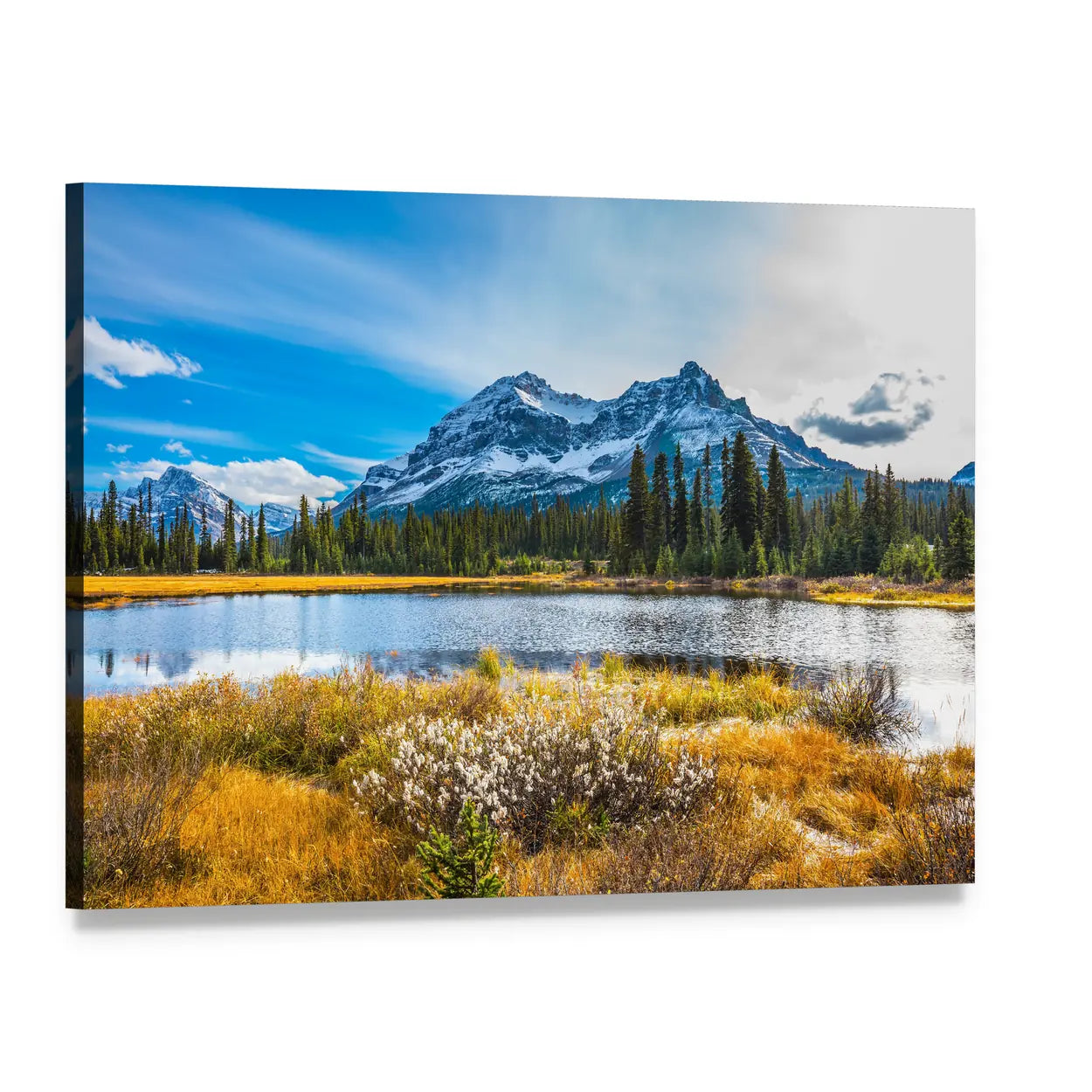 Snowy Rocky Mountains Lake Reflection Canvas Wall Art, single panel gallery wrapped canvas, angled product view