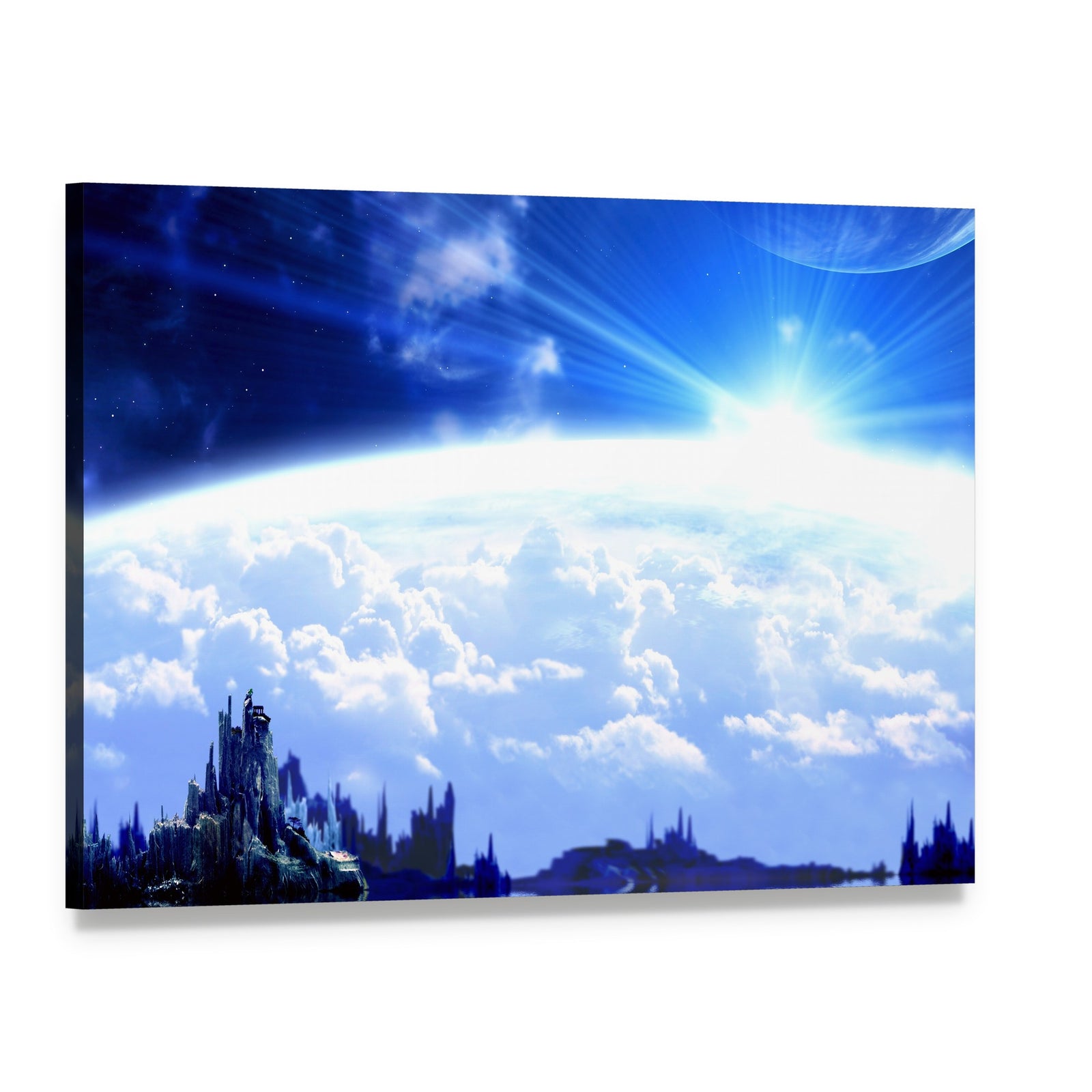 Blue Fantasy Planet with Castle Reflection Canvas Wall Art, single panel gallery wrapped canvas, angled product view