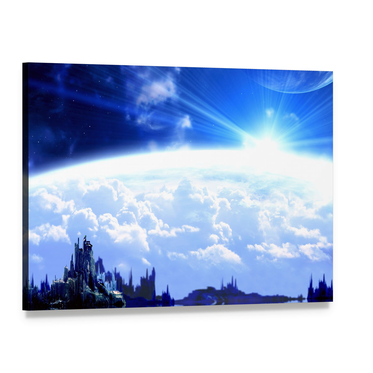 Blue Fantasy Planet with Castle Reflection Canvas Wall Art, single panel gallery wrapped canvas, angled product view