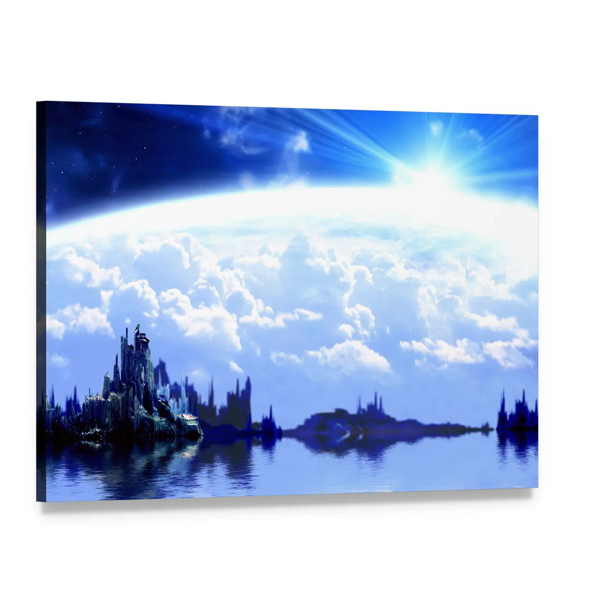 Blue Fantasy Planet with Castle Reflection Canvas Wall Art, single panel gallery wrapped canvas, angled product view