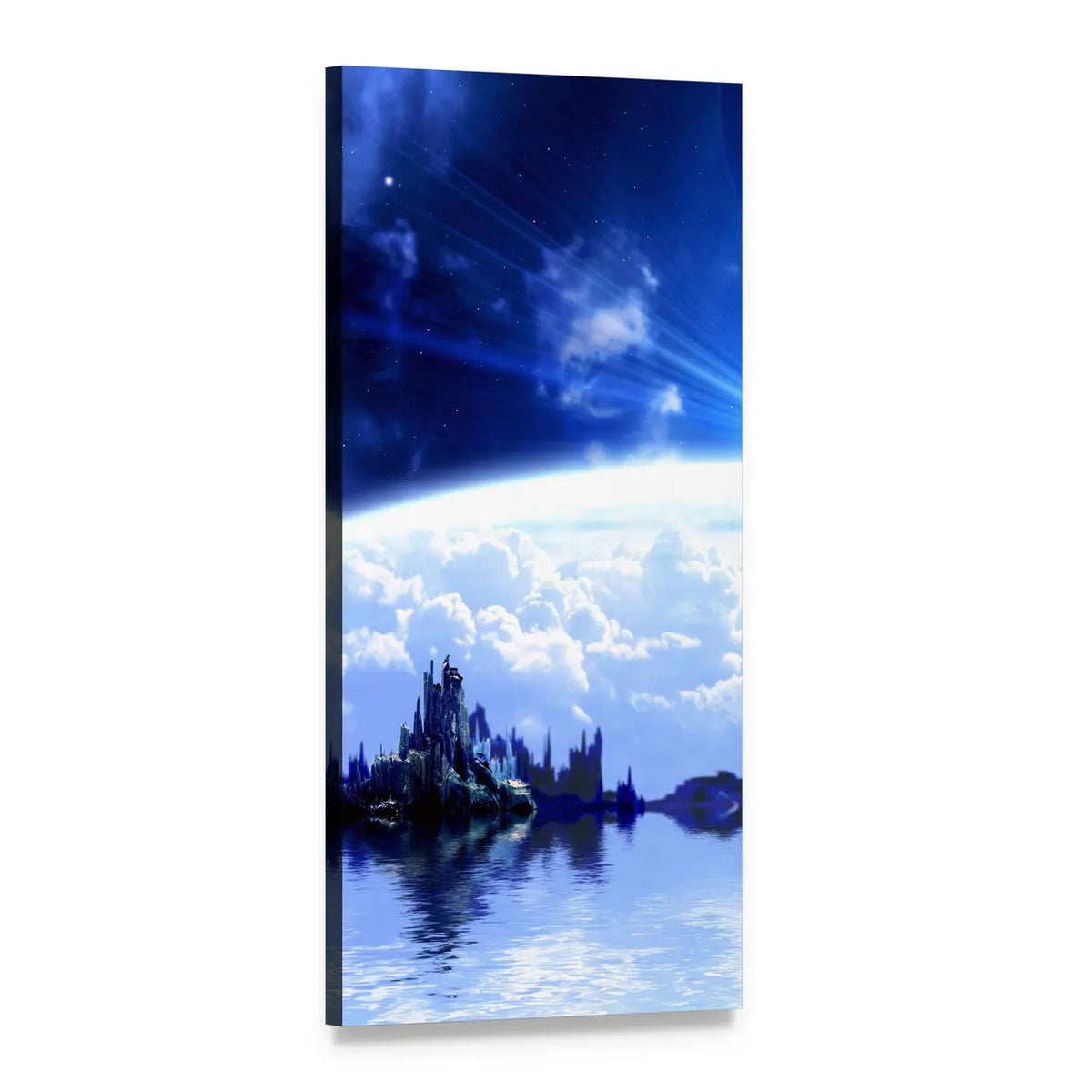 Blue Planet with Futuristic City Vertical Canvas Wall Art, 1 panel 1 Vertical layout gallery wrapped canvas set, angled product view