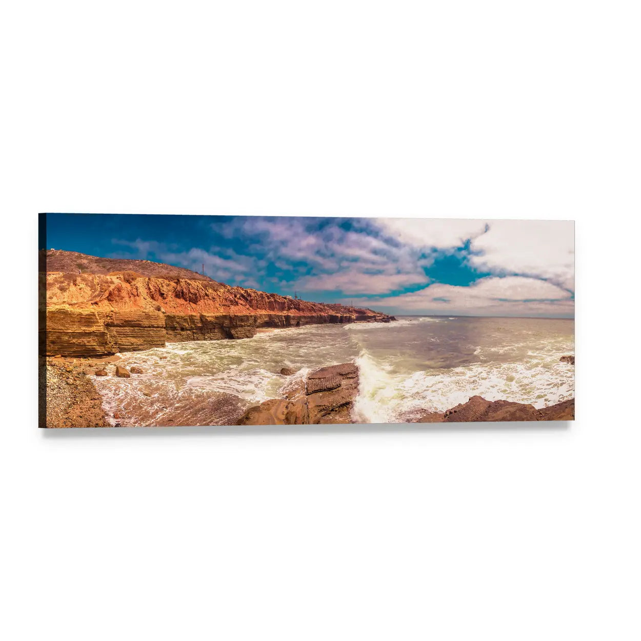 San Diego Coastal Cliffs with Crashing Ocean Waves Panoramic Canvas Wall Art, single panel gallery wrapped canvas, angled product view