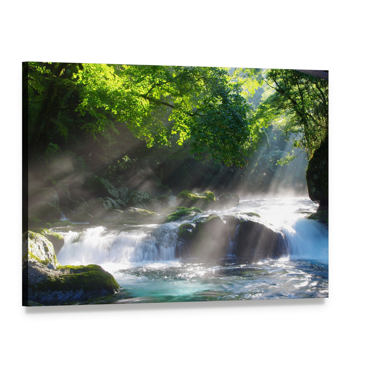 Sunlight on Mountain Stream Canvas Wall Art, single panel gallery wrapped canvas, angled product view