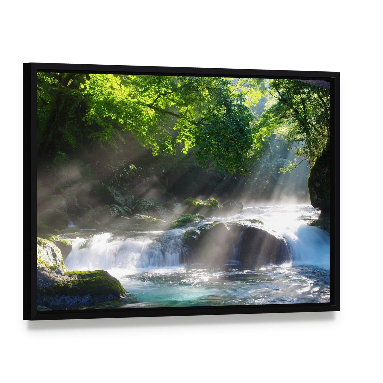 Sunlight on Mountain Stream Canvas Wall Art, framed canvas in a black floater frame, angled product view