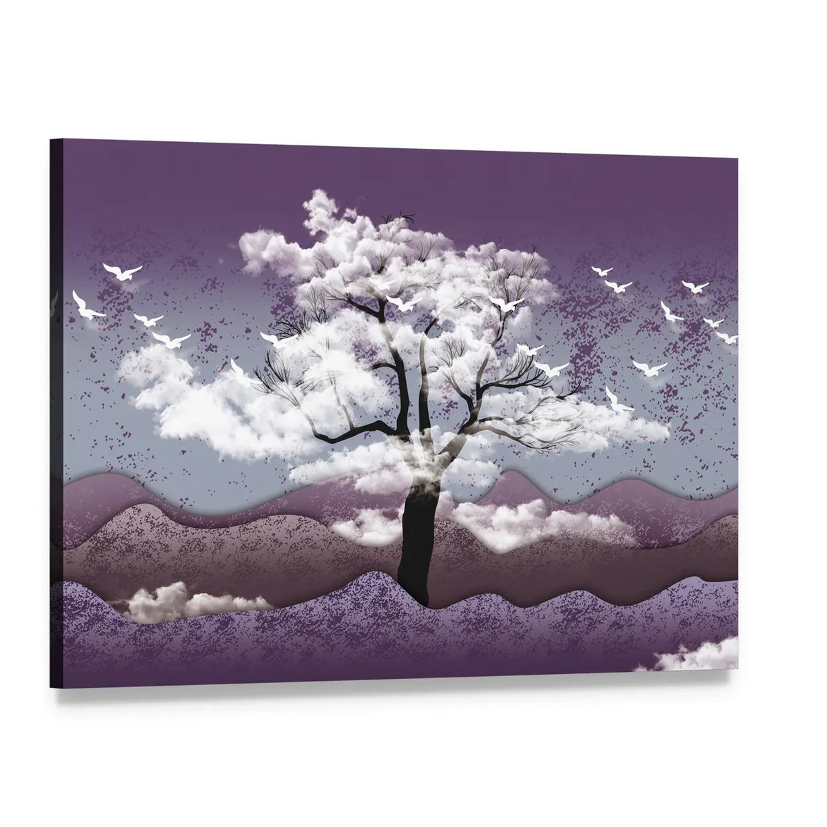 Cloud-leaf Tree Over Misty Lavender Hills Canvas Wall Art, single panel gallery wrapped canvas, angled product view
