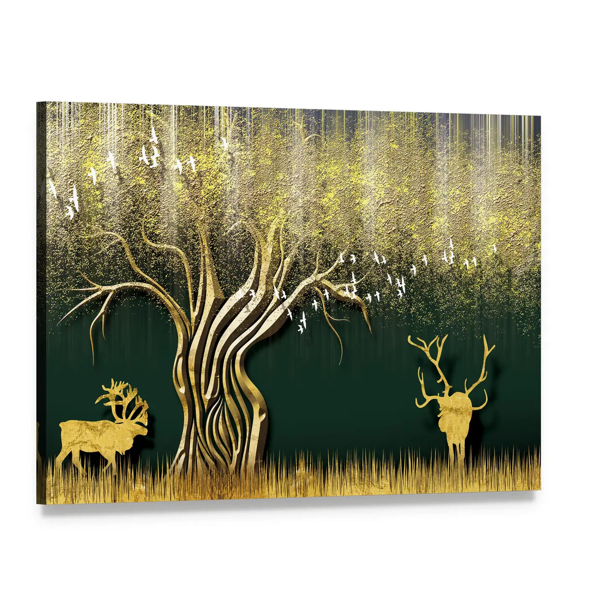 Abstract Golden Tree and Deer Silhouettes Canvas Wall Art, single panel gallery wrapped canvas, angled product view