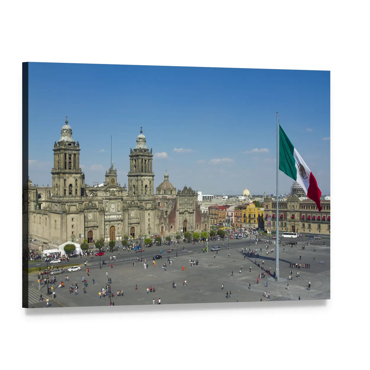 Zocalo Plaza with Cathedral and Mexican Flag Canvas Wall Art, single panel gallery wrapped canvas, angled product view
