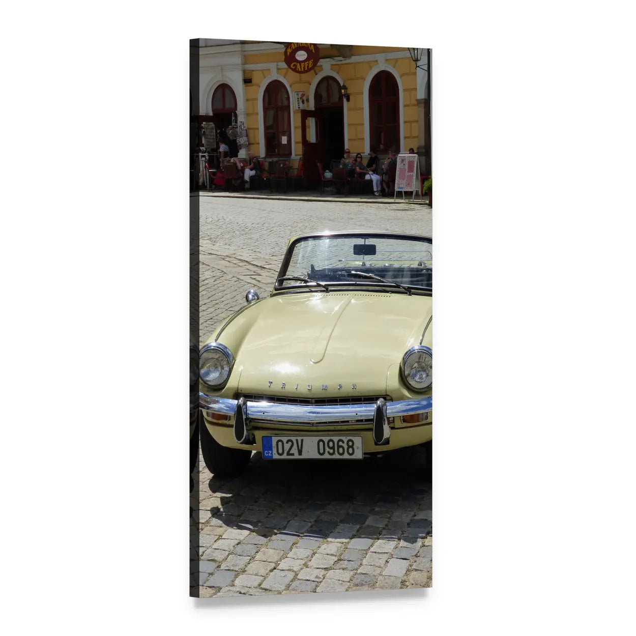 Yellow Vintage Triumph on Cobblestone Street Vertical Canvas Wall Art, 1 panel 1 Vertical layout gallery wrapped canvas set, angled product view