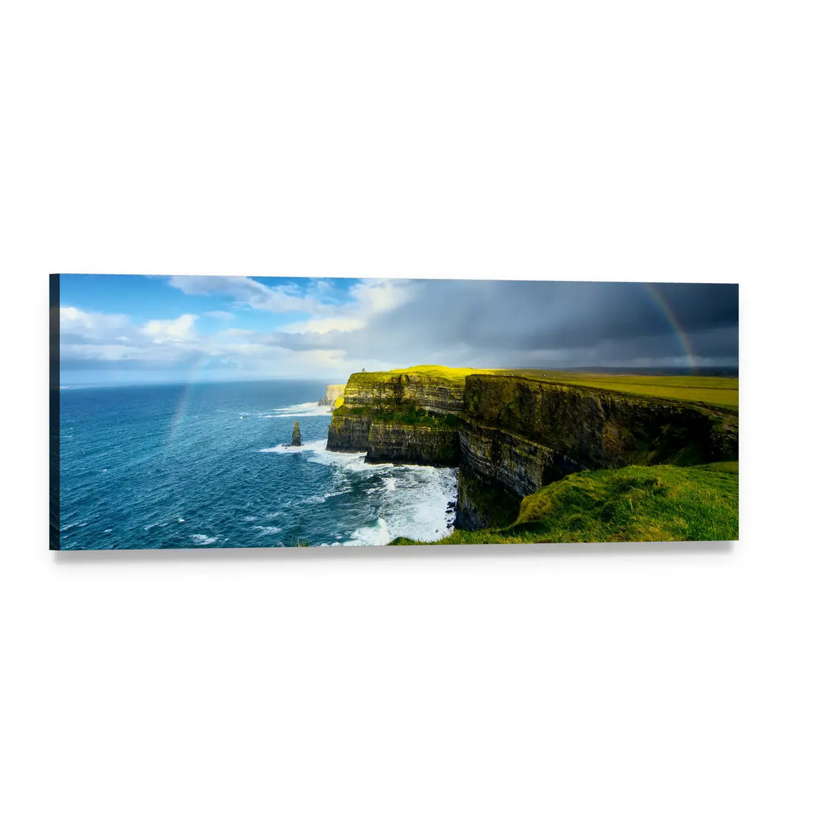 Rainbow Over Coastal Cliffs Panoramic Canvas Wall Art, single panel gallery wrapped canvas, angled product view