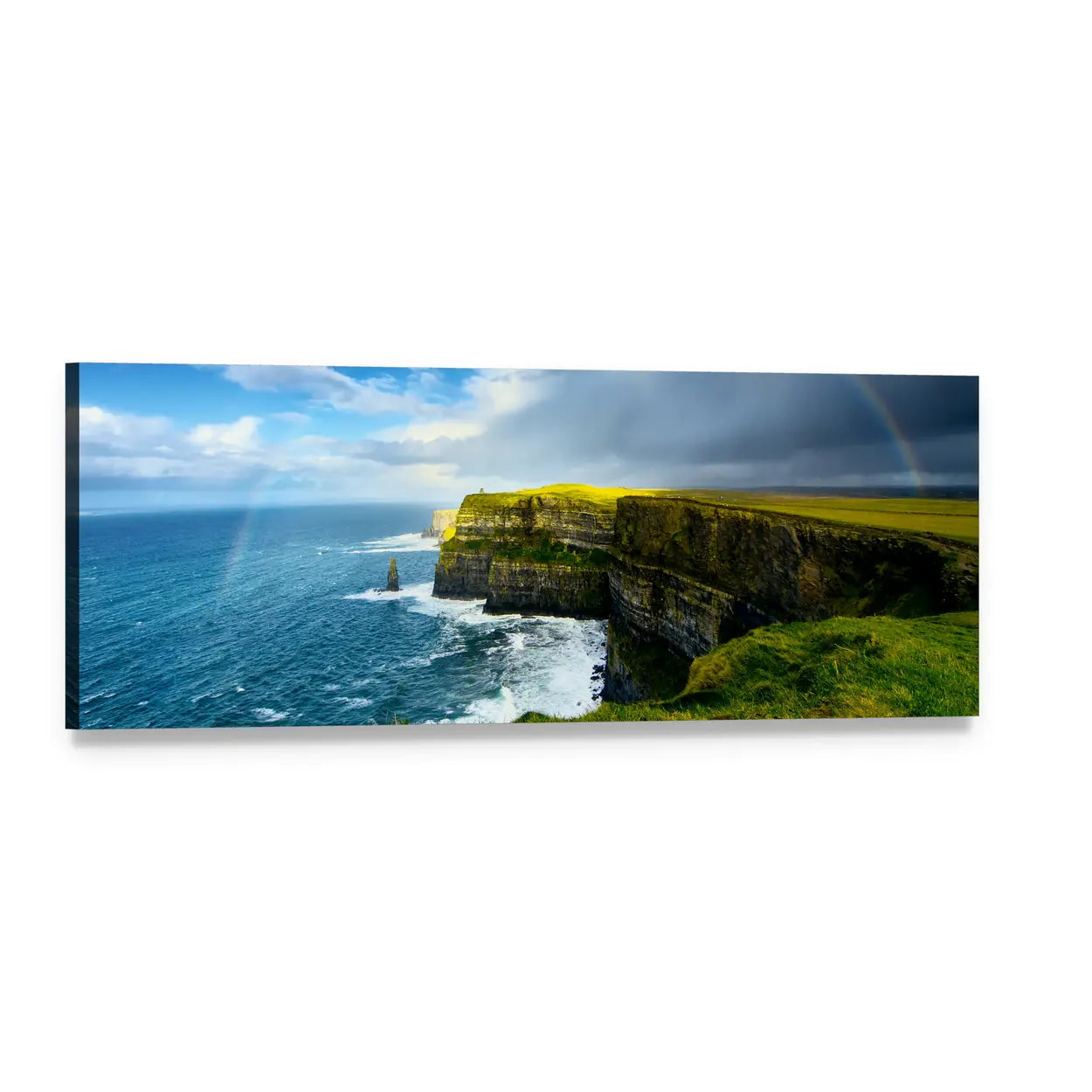Rainbow Over Coastal Cliffs Panoramic Canvas Wall Art, single panel gallery wrapped canvas, angled product view