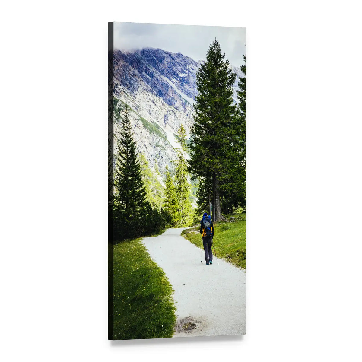 Hiker on Winding Mountain Path Vertical Canvas Wall Art, 1 panel 1 Vertical layout gallery wrapped canvas set, angled product view