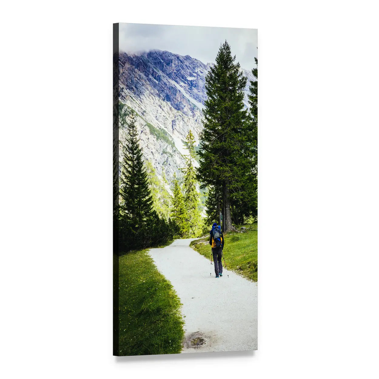 Hiker on Winding Mountain Path Vertical Canvas Wall Art, 1 panel 1 Vertical layout gallery wrapped canvas set, angled product view