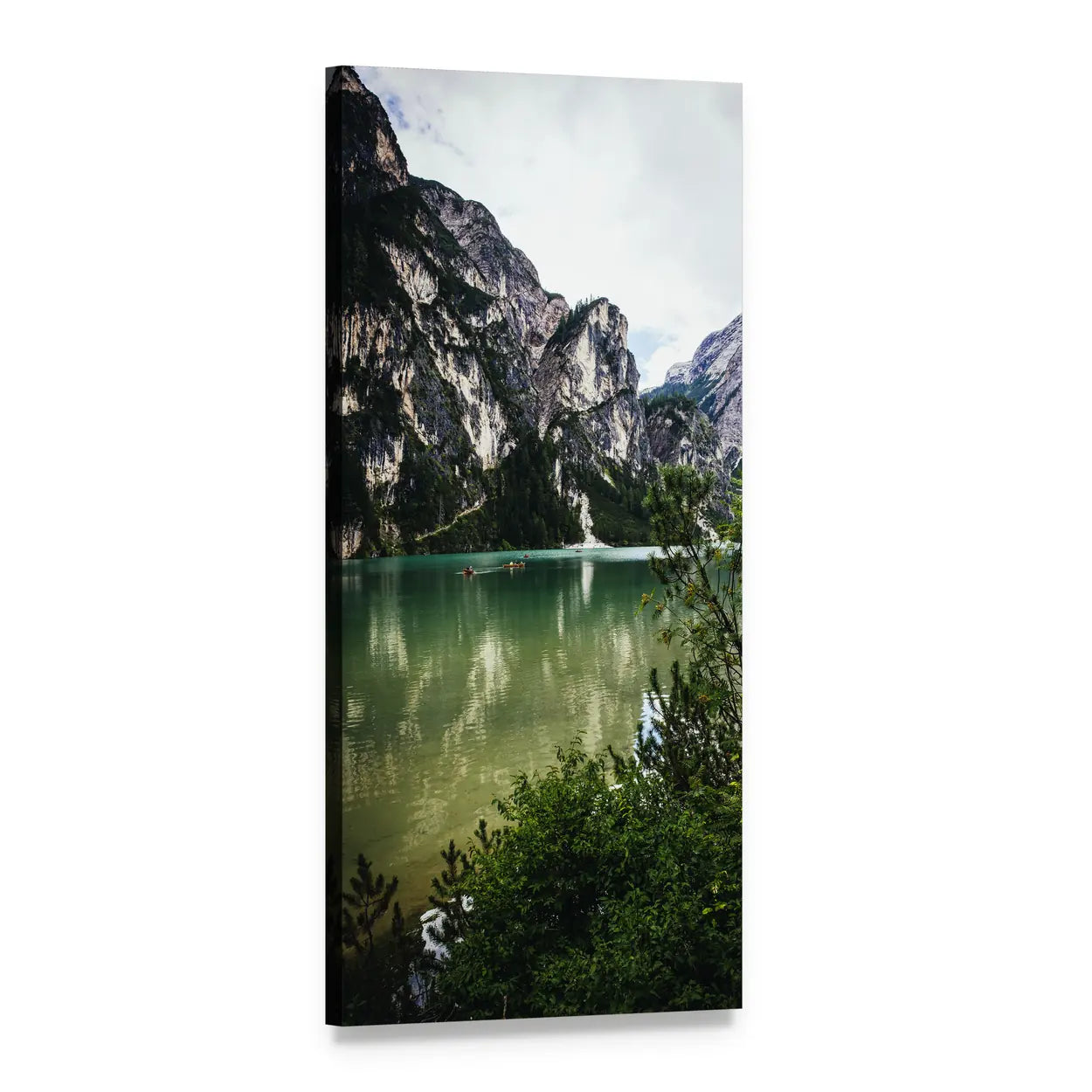 Mountain Lake and Trees Vertical Canvas Wall Art, 1 panel 1 Vertical layout gallery wrapped canvas set, angled product view