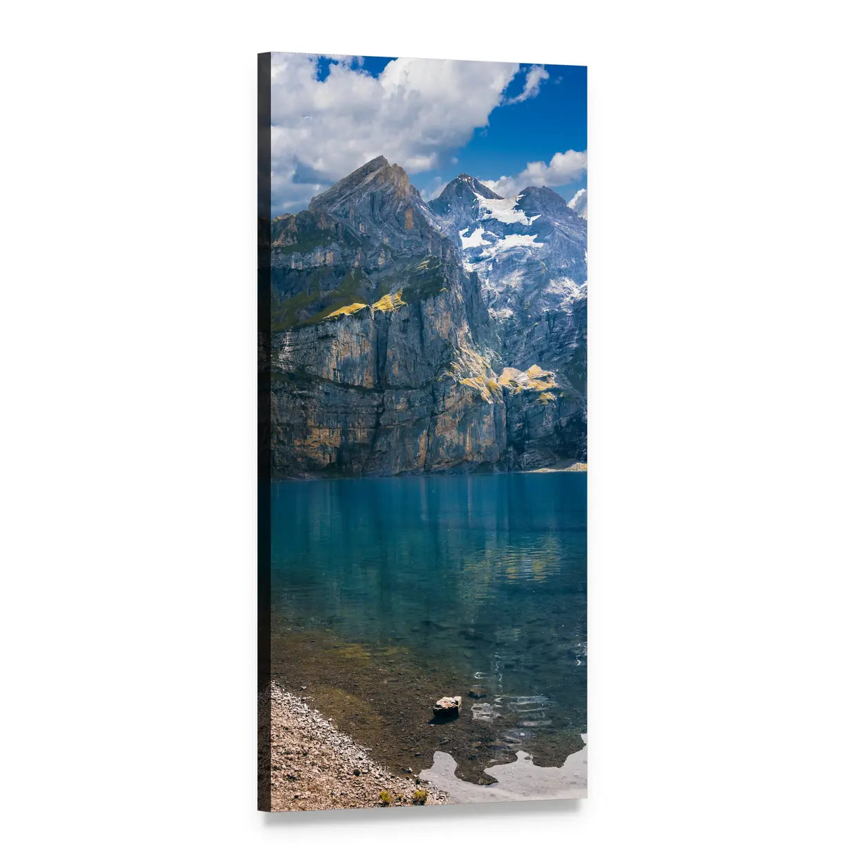 Turquoise Alpine Lake with Mountain Reflections Vertical Canvas Wall Art, 1 panel 1 Vertical layout gallery wrapped canvas set, angled product view