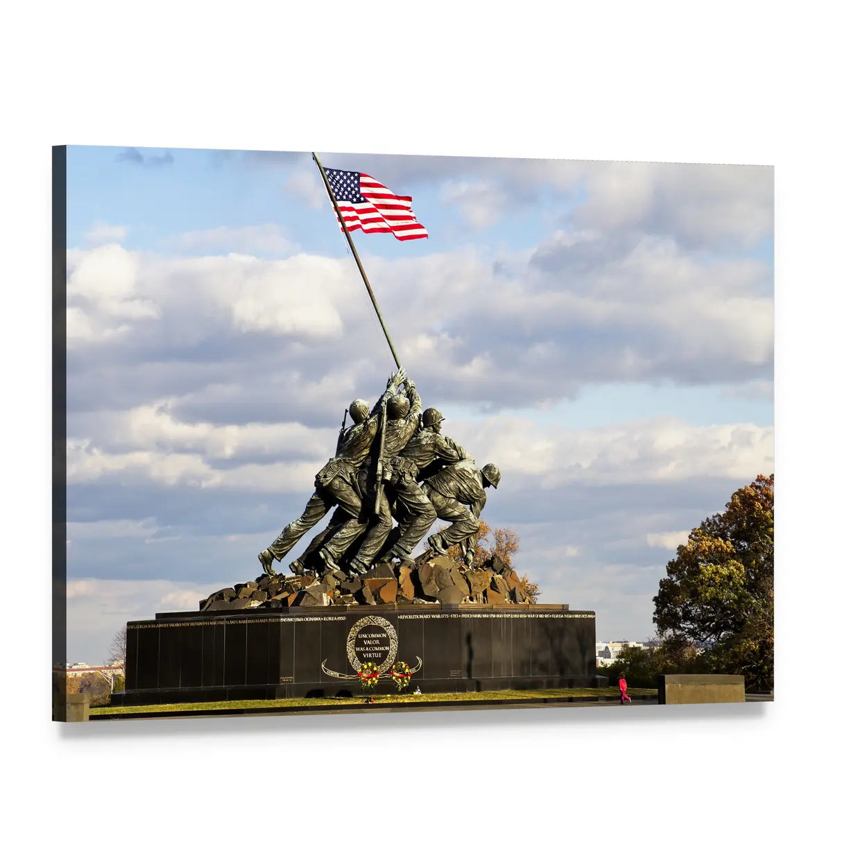 Iwo Jima Memorial with American Flag Canvas Wall Art, single panel gallery wrapped canvas, angled product view