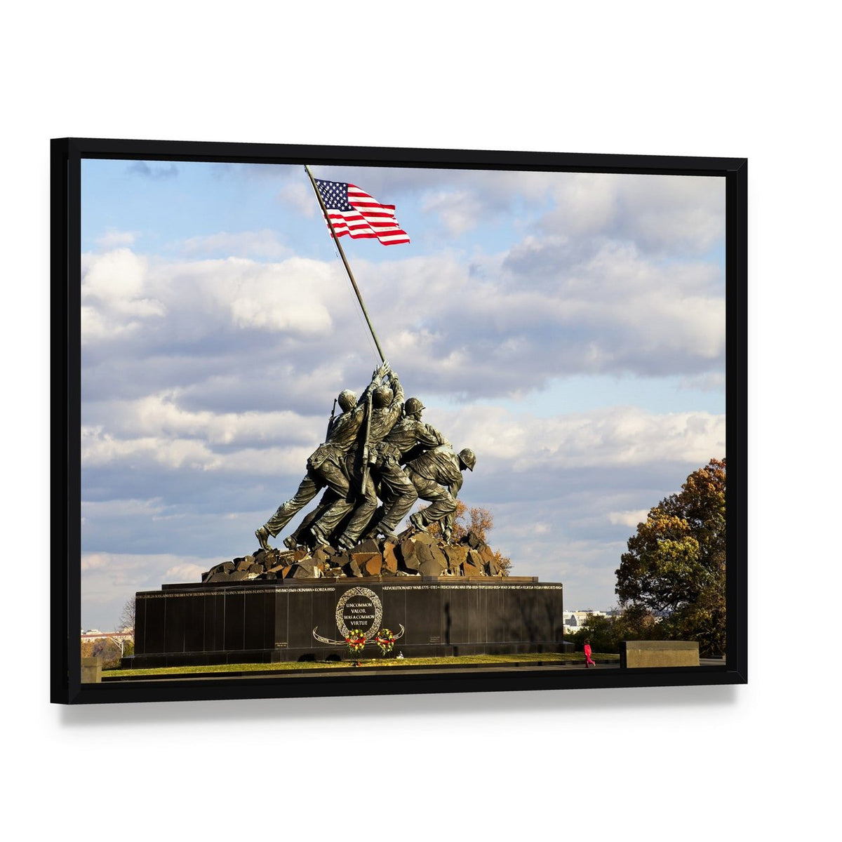 Iwo Jima Memorial Flag Raising Photograph Canvas Wall Art, framed canvas in a black floater frame, angled product view