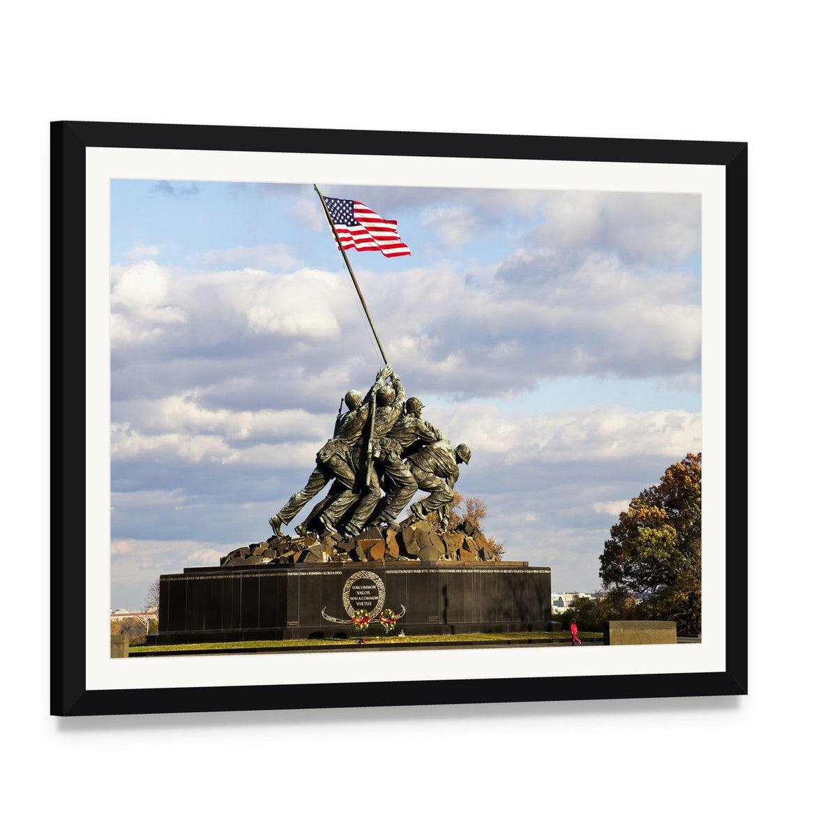 Iwo Jima Memorial Flag Raising Photograph Canvas Wall Art, framed print with white mat and black frame, angled product view