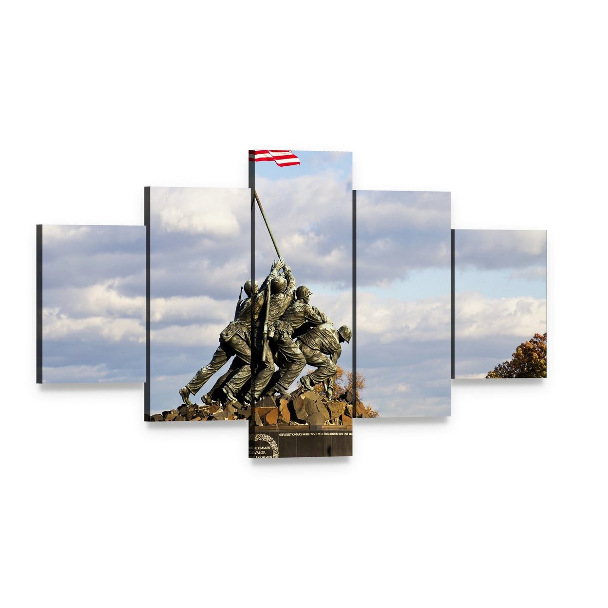 Iwo Jima Memorial Flag Raising Photograph Canvas Wall Art, 5 panel 5 Star layout gallery wrapped canvas set, angled product view