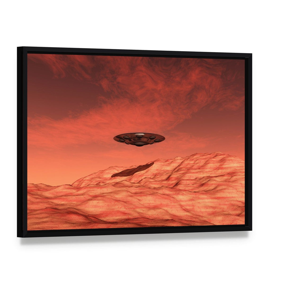Spaceship on Mars Canvas Wall Art, framed canvas in a black floater frame, angled product view