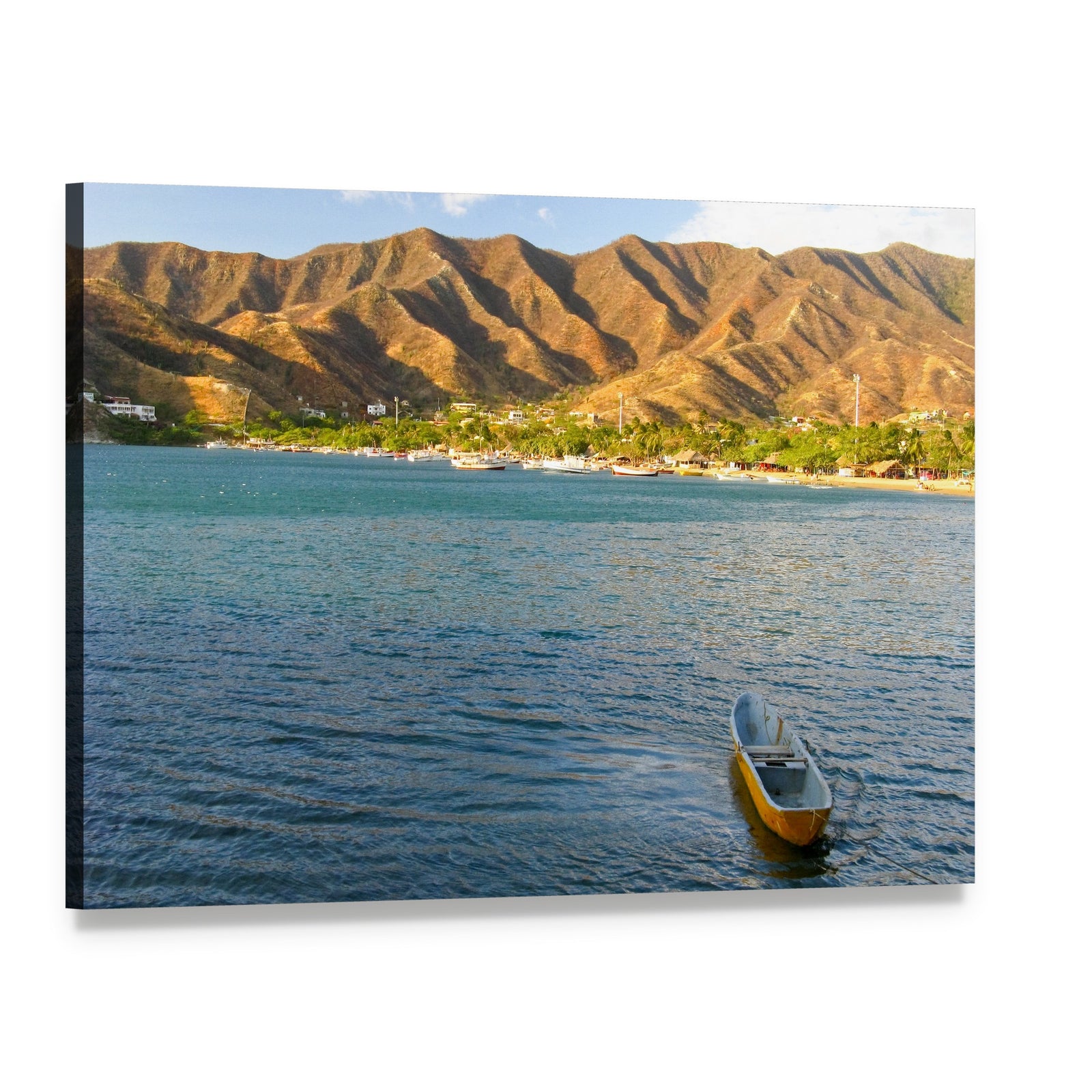 Taganga Bay Coastal Landscape with Yellow Rowboat Canvas Wall Art, single panel gallery wrapped canvas, angled product view