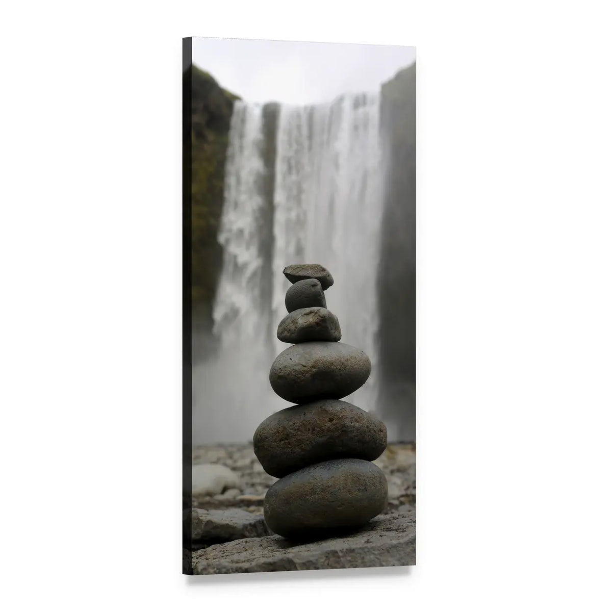 Waterfall with Stacked Cairn Vertical Canvas Wall Art, 1 panel 1 Vertical layout gallery wrapped canvas set, angled product view