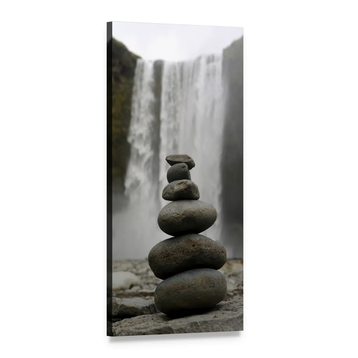 Waterfall with Stacked Cairn Vertical Canvas Wall Art, 1 panel 1 Vertical layout gallery wrapped canvas set, angled product view