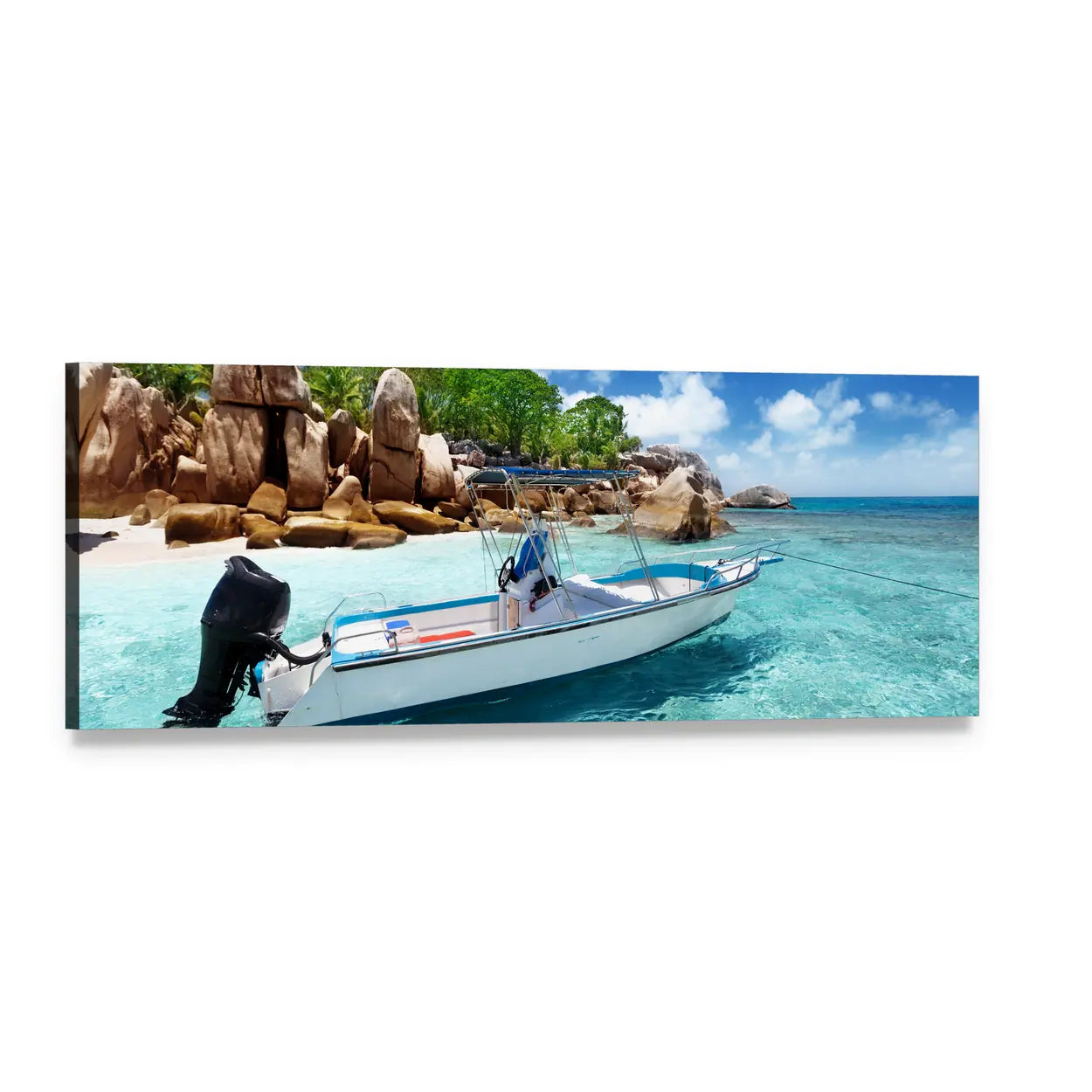 Speed Boat on Coco Island Panoramic Canvas Wall Art, single panel gallery wrapped canvas, angled product view