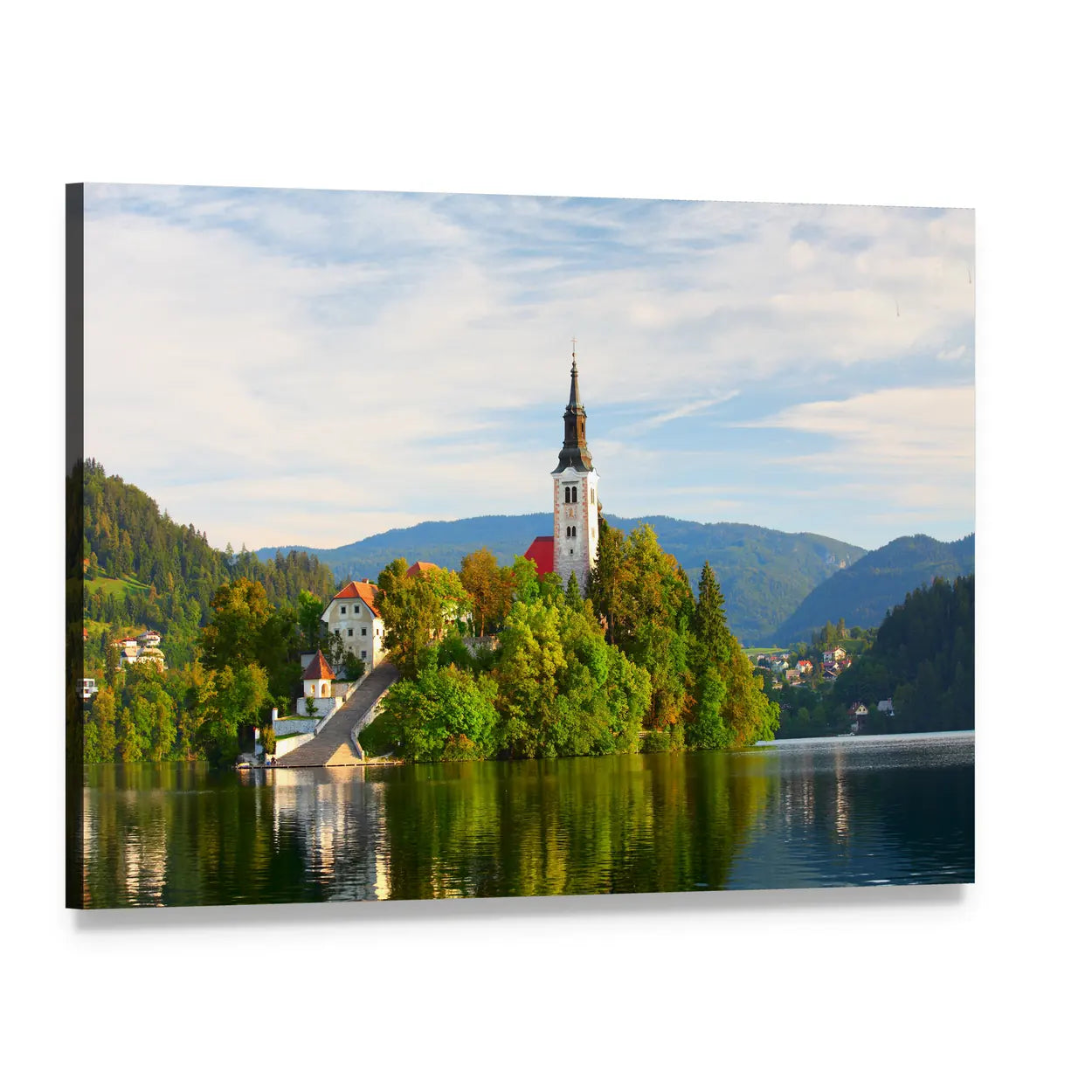 Church on Bled Lake Canvas Wall Art, single panel gallery wrapped canvas, angled product view