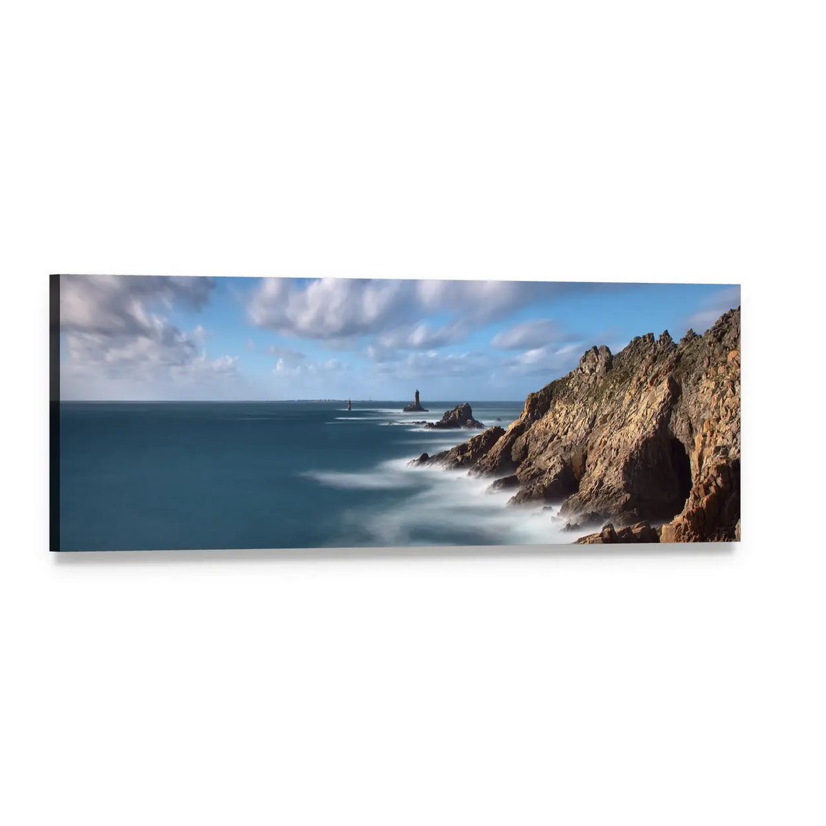Pointe Du Raz Coastal Cliffs and Lighthouse Panoramic Canvas Wall Art, single panel gallery wrapped canvas, angled product view