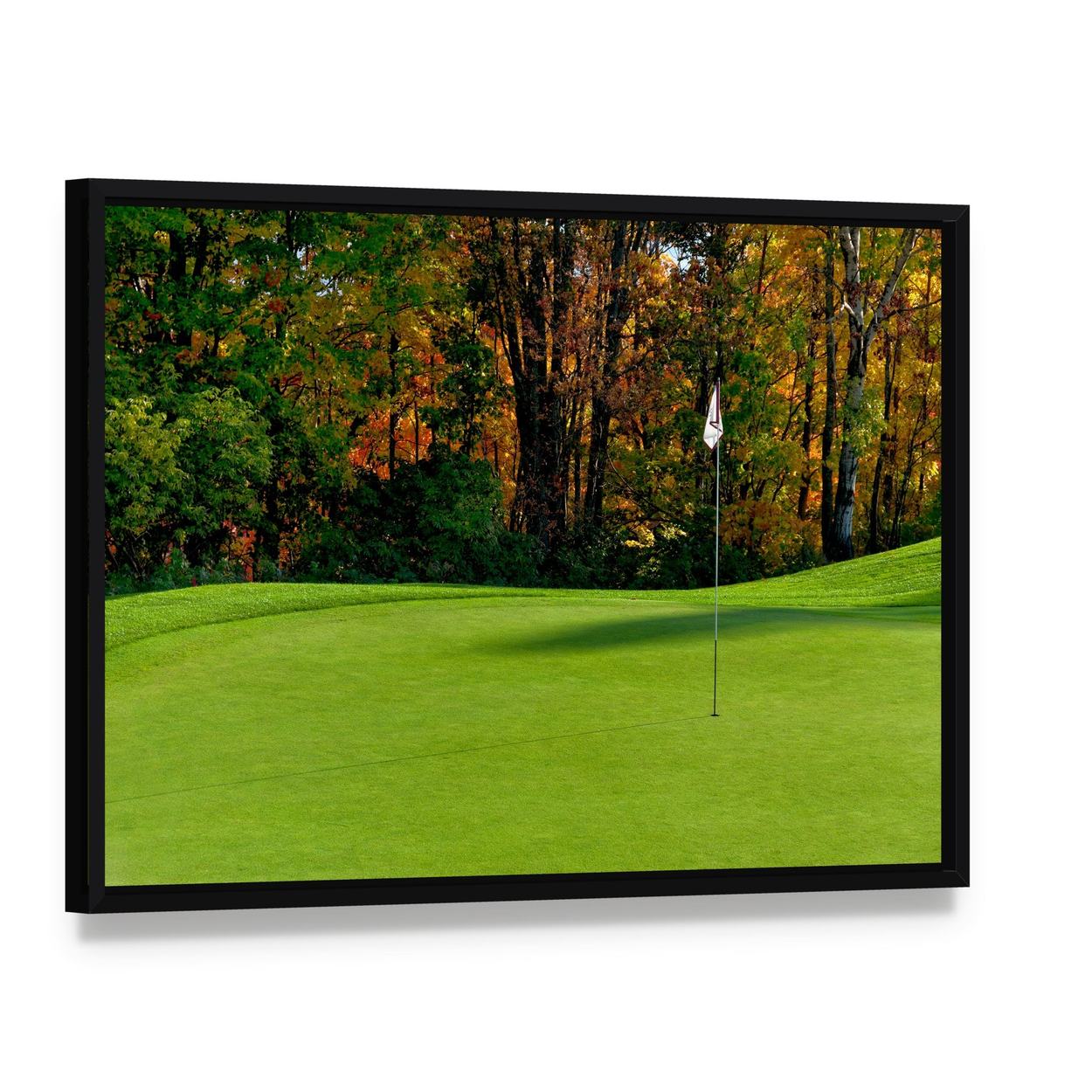 Golf Course Putting Green Canvas Wall Art, framed canvas in a black floater frame, angled product view