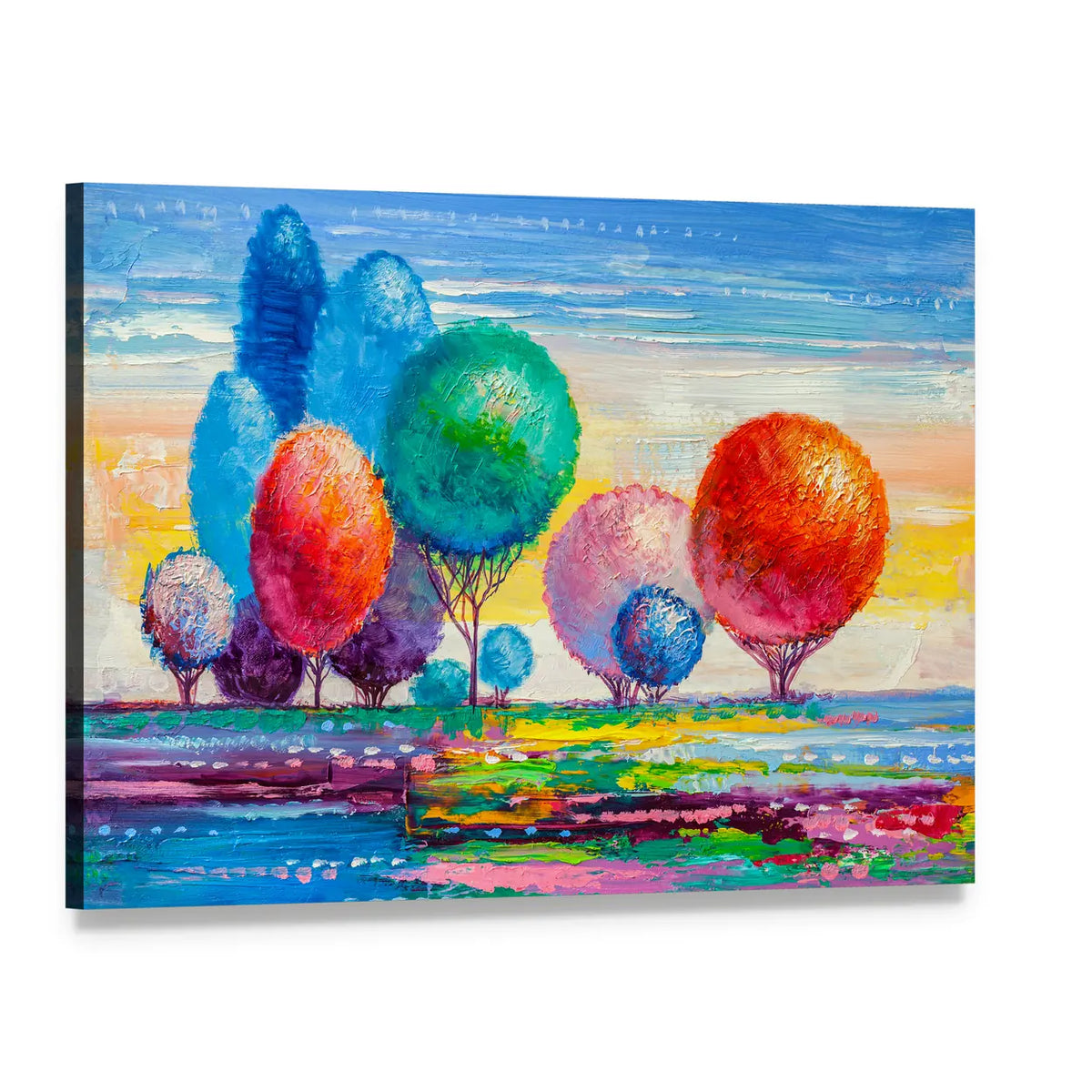 Colorful Autumn Meadow with Stylized Trees Canvas Wall Art, single panel gallery wrapped canvas, angled product view